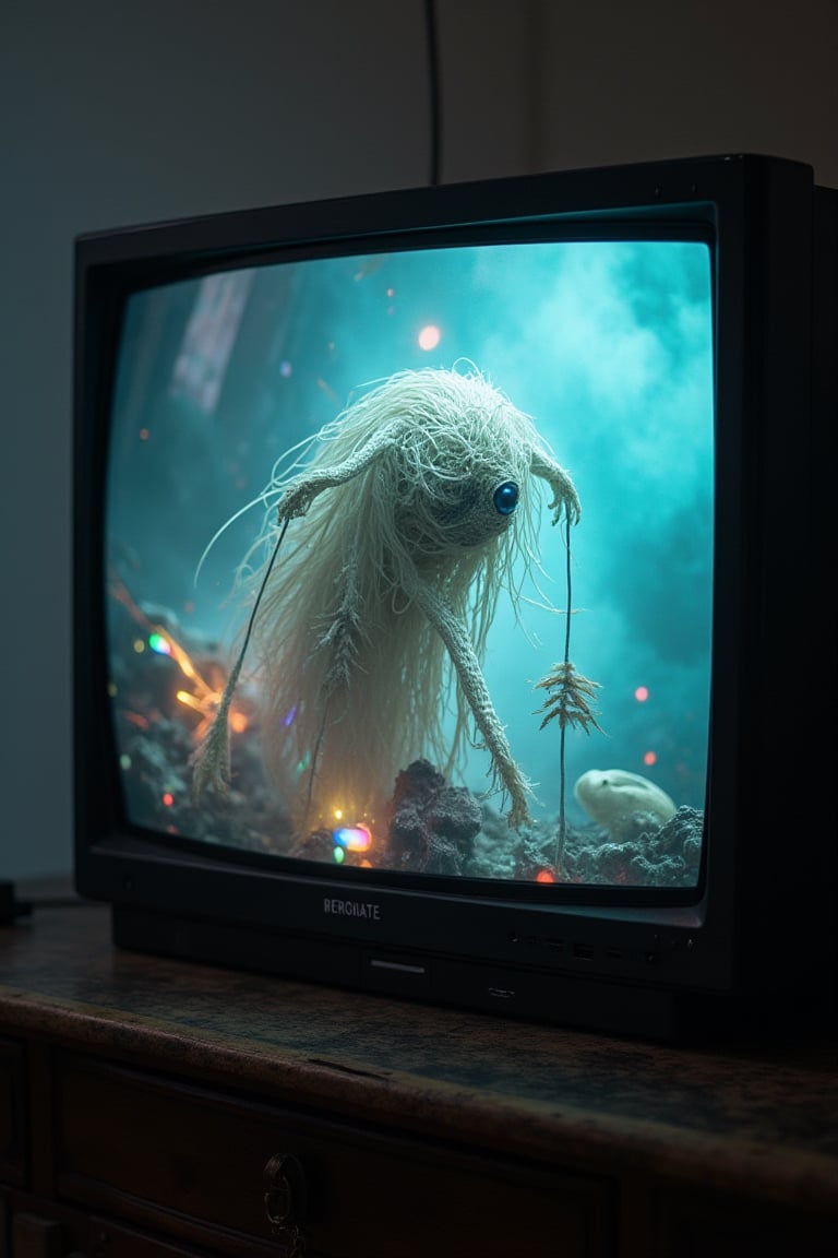 A surreal nightmare unfolds on a darkened TV screen. A centered white noodle beast looms large, its 'fish-eye' gaze piercing through a haze of vibrant, prismatic glittering rainbow colors. The air is thick with dread as an upside-down alien face, adorned with feathers and strings attached to a mannequin puppet, appears to be manipulated by unseen forces. In the background, a terrifying, evil, deep, dreadful, scary disaster unfolds in extreme detail, rendered in 4K, 8K, or highest crisp resolution for maximum hyper-realism.