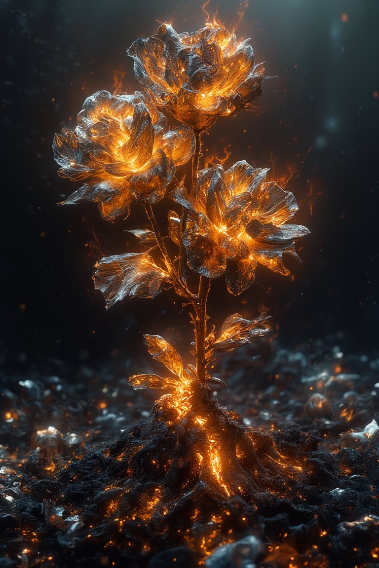 cinematic photo breathtaking hyperrealistic art A digital illustration combining elements of two images: a scene of black, charred roses with faetastic Glowing  embers amidst a dark, ash-covered ral-oilspill ground, and an shiny intricate  fractal design resembling a ral-polishedsteel golden flower with complex patterns and details. The composition blends the dark, burnt elements with the bright, glossy elegant fractal flower, creating a dramatic and surreal visual effect with high contrast and day-glo details.  . extremely high-resolution details, photographic, realism pushed to extreme, fine texture, incredibly lifelike . award-winning, professional, highly detailed . 35mm photograph, film, bokeh, professional, 4k, highly detailed,style of Kristina Makeeva