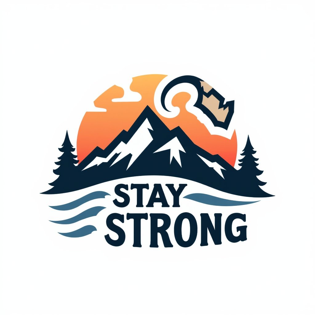 Create a design with the text 'Stay Strong' in a sturdy, resilient font. Include imagery of a mountain or a bicep. Use bold colors and isolate the design on a white background. Ensure the design is empowering and supportive.