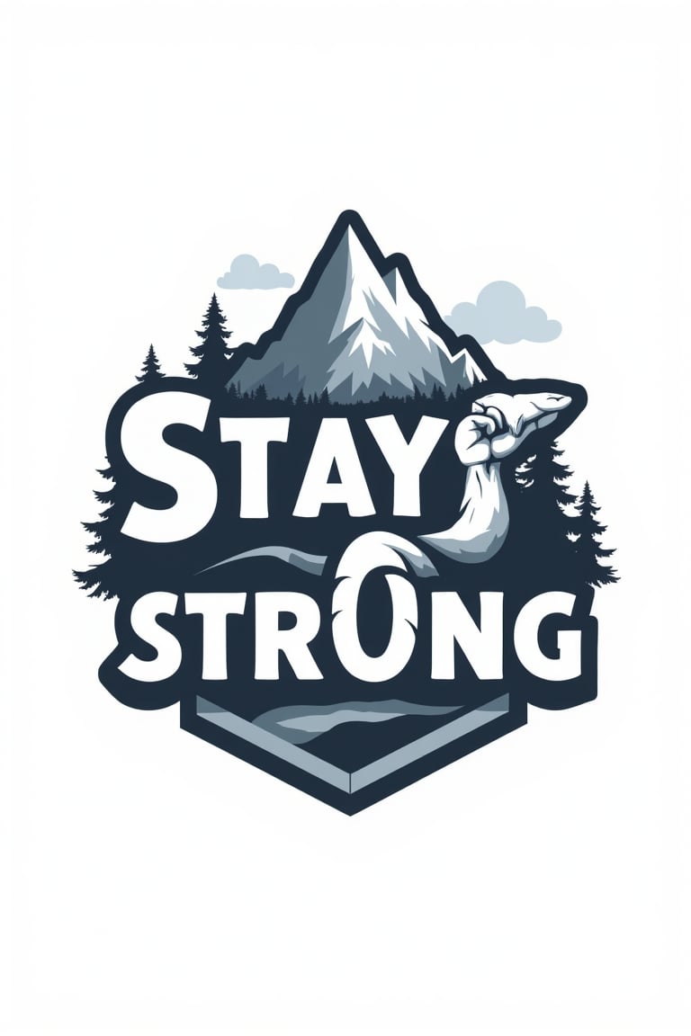 Create a design with the text 'Stay Strong' in a sturdy, resilient font. Include imagery of a mountain or a bicep. Use bold colors and isolate the design on a white background. Ensure the design is empowering and supportive.