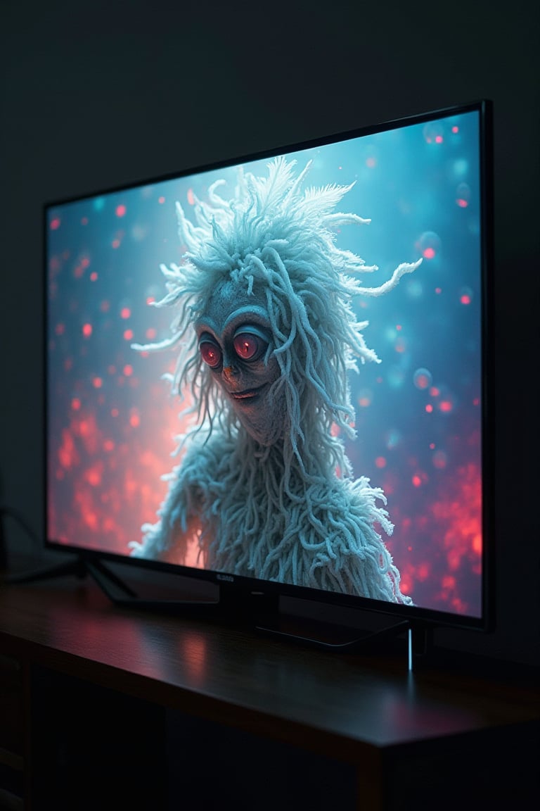 A surreal nightmare unfolds on a darkened TV screen. A centered white noodle beast looms large, its 'fish-eye' gaze piercing through a haze of vibrant, prismatic glittering rainbow colors. The air is thick with dread as an upside-down alien face, adorned with feathers and strings attached to a mannequin puppet, appears to be manipulated by unseen forces. In the background, a terrifying, evil, deep, dreadful, scary disaster unfolds in extreme detail, rendered in 4K, 8K, or highest crisp resolution for maximum hyper-realism.