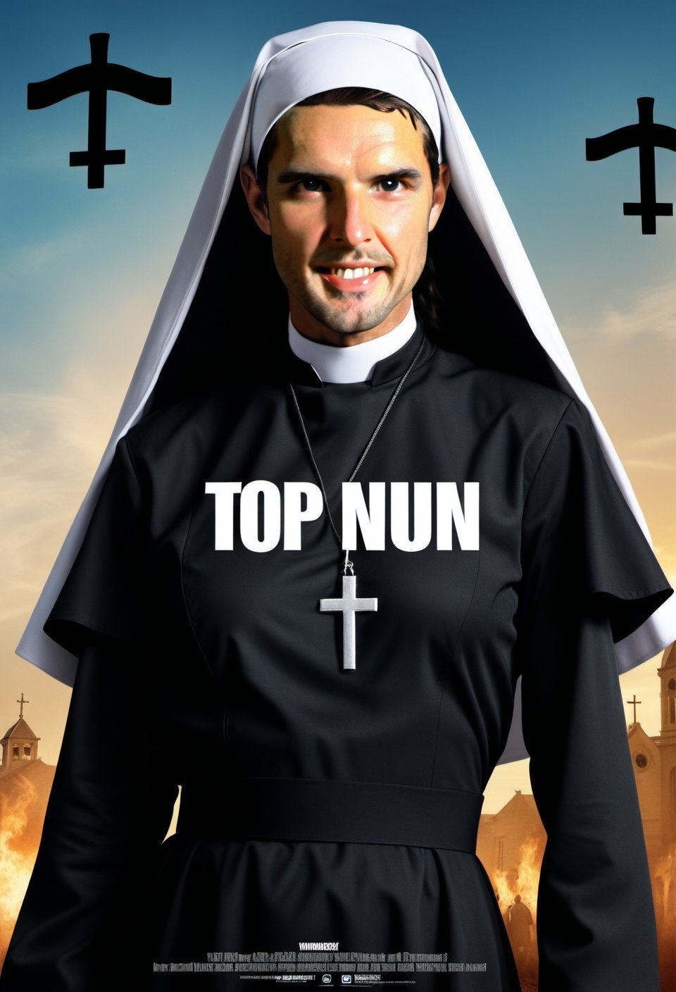 Movie Poster page "Top Nun: Maverick". Tom Cruise dressed a Nun.  text: "Top Nun".