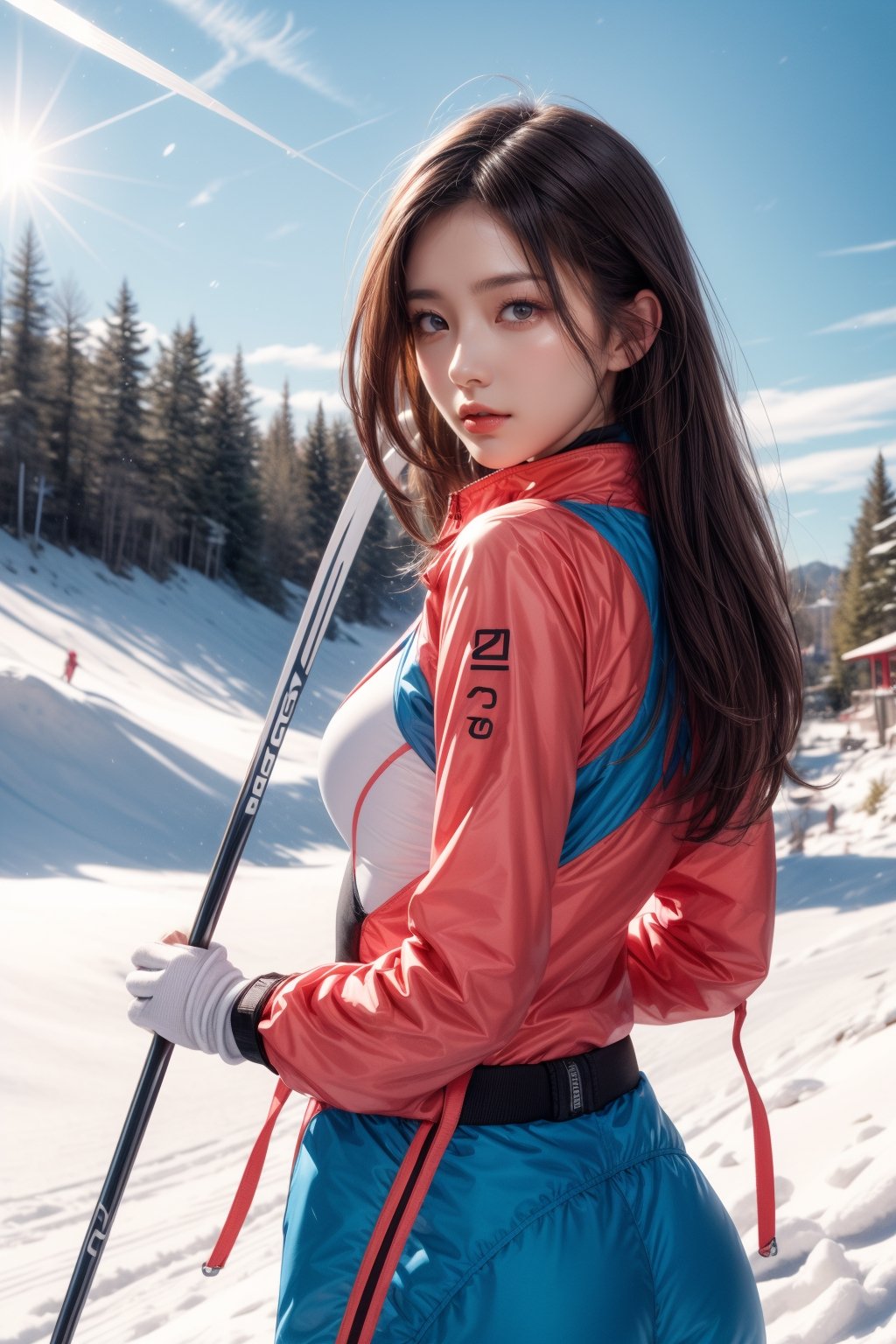 Girl, long hair, looking at viewer, brown hair, brown eyes,  medium breasts, parted lips, realistic, girl is skiing on a snowy slope in a sunny day. She is wearing a stylish pink ski suit and ski equipment. She is posing with confidence and flair. The picture shows her whole body from a cowboy angle (1.2). The sky is blue with some white clouds. The background is the Dreamy Sunshine Park, a popular attraction in New Taipei City, High quality, high resolution, high accuracy, UHD: 1.3, 4K high resolution rendering