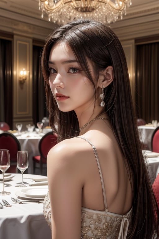 Girl, long hair, looking at viewer, brown hair, brown eyes,  medium breasts, small smile, realistic
Draw a picture of a woman wearing a black sexy evening dress, attending a hotel banquet, wearing a sparkling and expensive necklace and earrings, facing away from the camera, with a rich background, with reporters, guests, wine glasses on the round table, crystal chandeliers on the ceiling, depth of field effect, realistic photo, and macro lens.
High quality, high resolution, high accuracy, UHD: 1.3, 4K high resolution rendering, medium Shot, face focus.