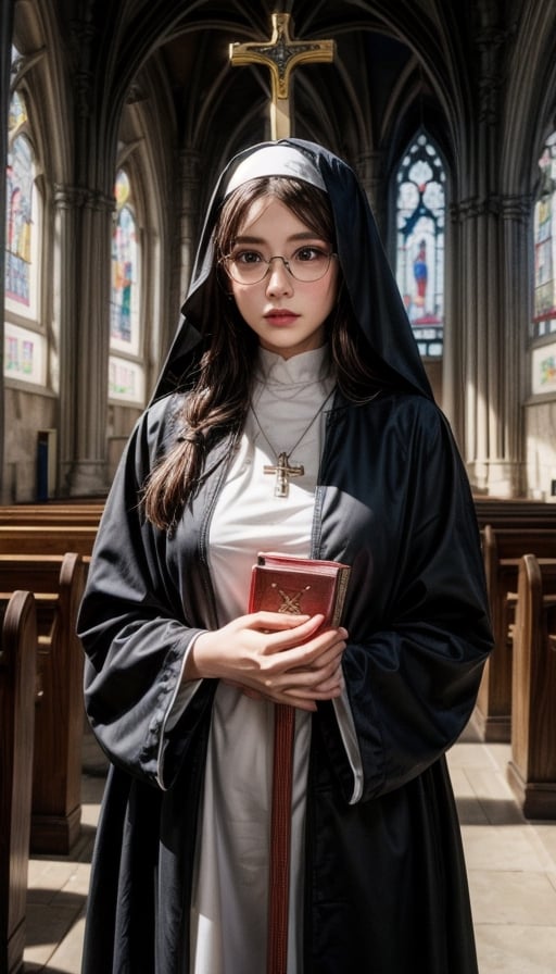 Girl, long hair, looking at viewer, brown hair, brown eyes,  medium breasts, parted lips, realistic.
(High quality, high resolution, high accuracy, UHD: 1.3, 4K High resolution rendering.)
PureErosFace_V1,heavy eye makeup
,face focus.
nun,bible,Church, cross, stained glass, prayer room, statue of Maria,nun's robe,glasses,windows,bench,(holding a bible),cross necklace,half body,prayer posture,holy light,Solemnly,holy,prayer,hands clasped