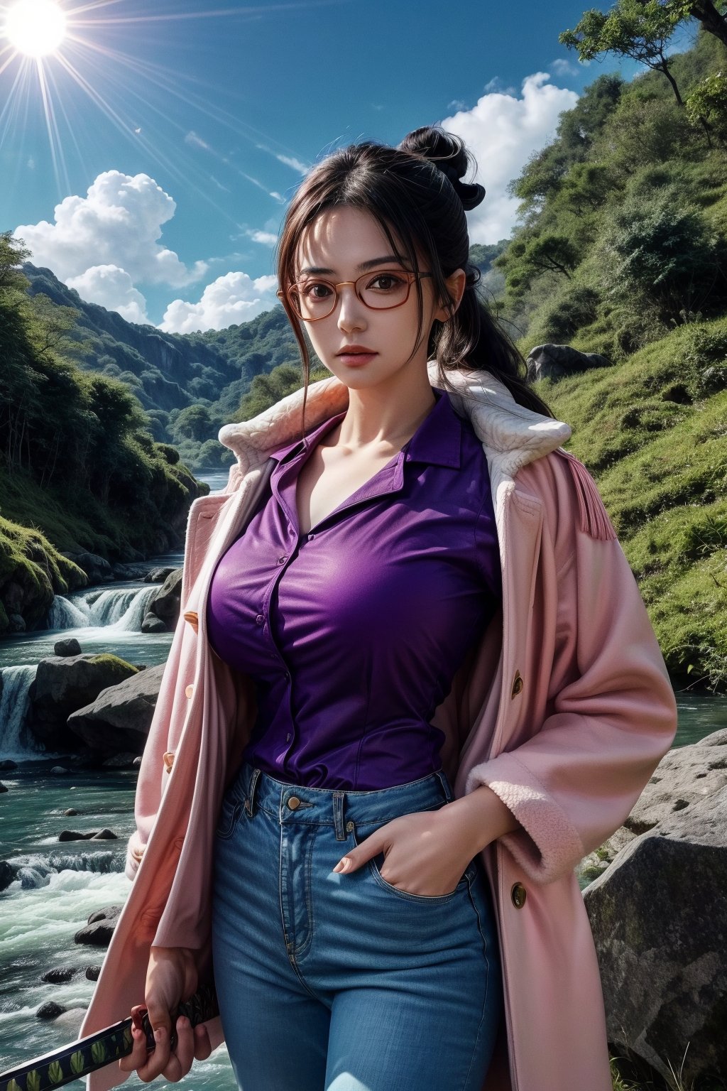 masterpiece, best quality, tashigi, black eyes, folded ponytail, glasses, pink coat, coat on shoulders, purple shirt, blue pants, upper body, dynamic pose , ((looking at viewer)), natural huge breasts,(low cut , holding a katana), In the wild, streams, waterfalls, blue sky and white clouds, bright sun