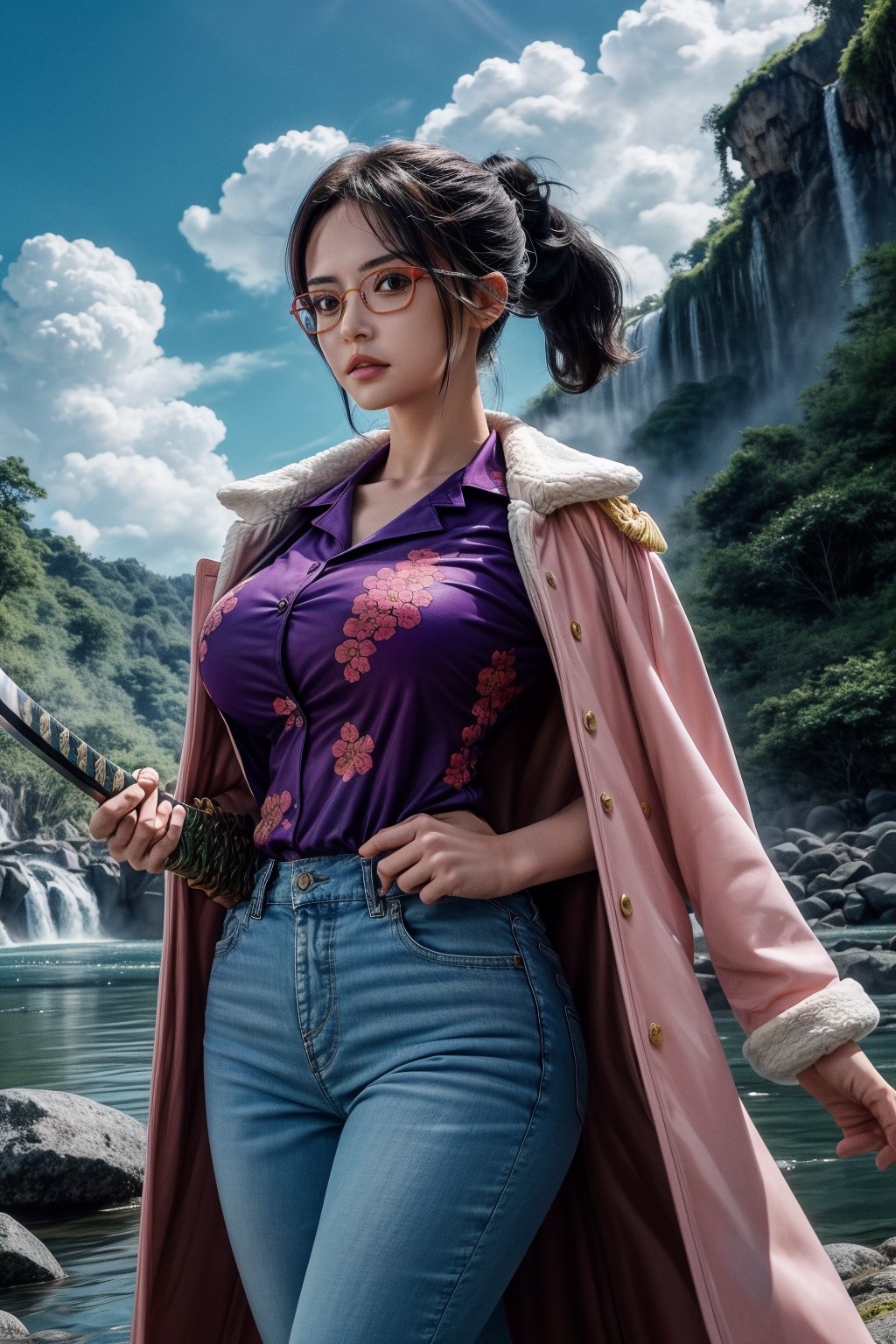 masterpiece, best quality, tashigi, black eyes, folded ponytail, glasses, pink coat, coat on shoulders, purple shirt, blue pants, upper body, dynamic pose , ((looking at viewer)), natural huge breasts,(low cut , holding a katana), In the wild, streams, waterfalls, blue sky and white clouds, bright sun