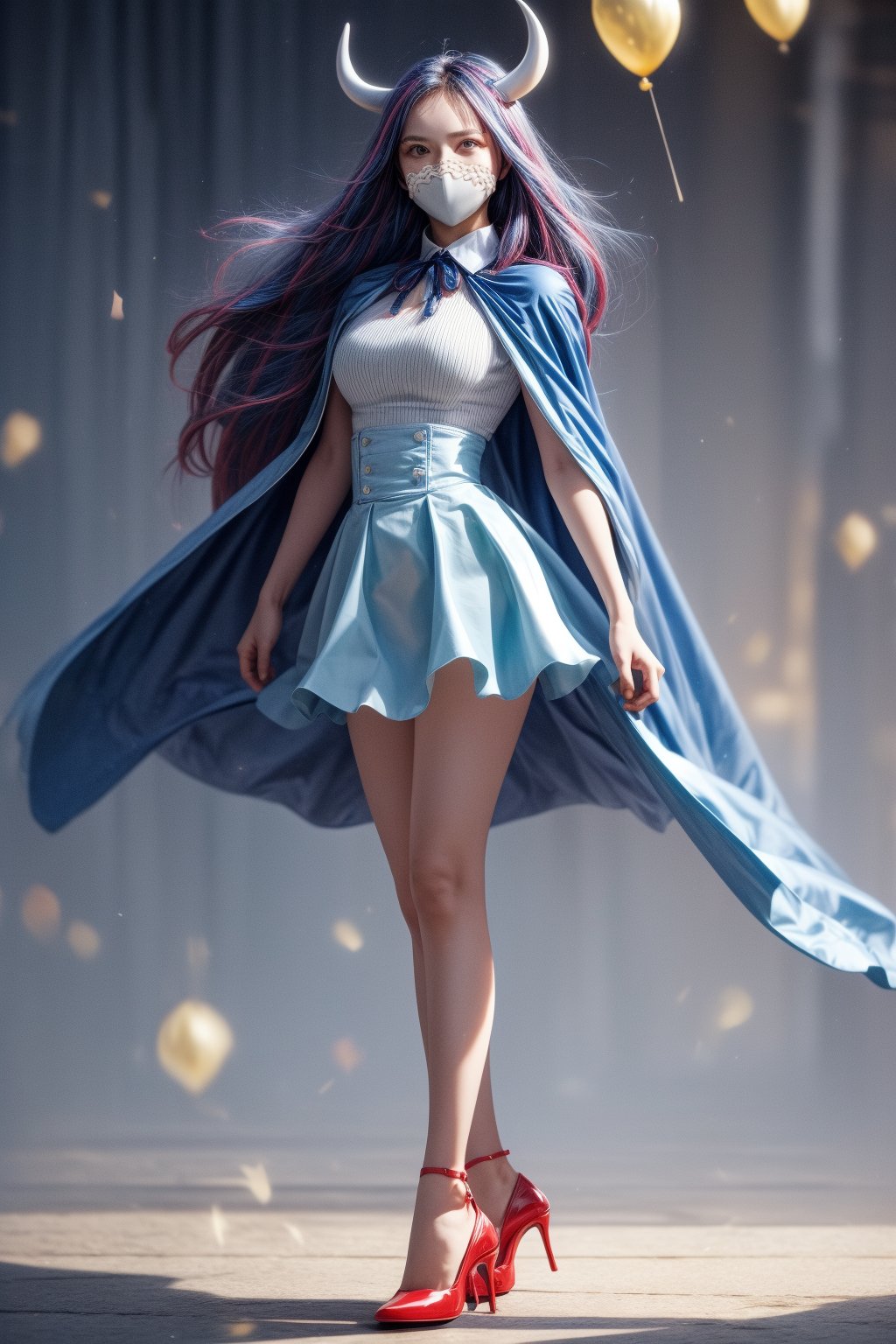 masterpiece, best quality, absurdres, UltiOP, mask, long hair, collared shirt, neck ribbon, blue skirt, blue cape, red high heels, standing, full body, 
,1 girl