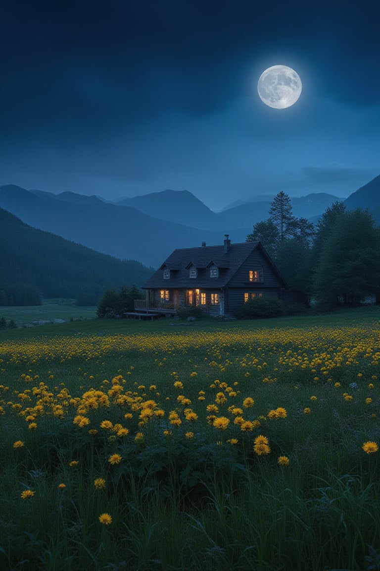 A solitary residence stands amidst a serene landscape under the soft glow of a full moon. A vibrant patch of chrysanthemums blooms near the property's edge, while a small field stretches out before it, illuminated by the gentle lunar light.