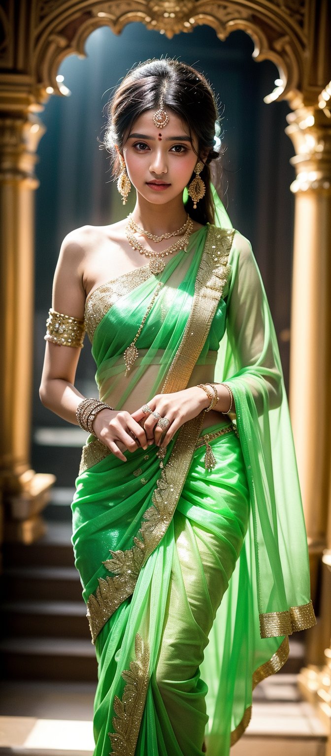  A 20-year-old Indian girl posing elegantly in a stunning aqau color saree, with intricate earings and a delicate golden necklace that catches the light. Her face glows, reminiscent of a blushing bride, as she stands in front of a ornate temple backdrop, surrounded by lush greenery and vibrant flowers.,1 girl