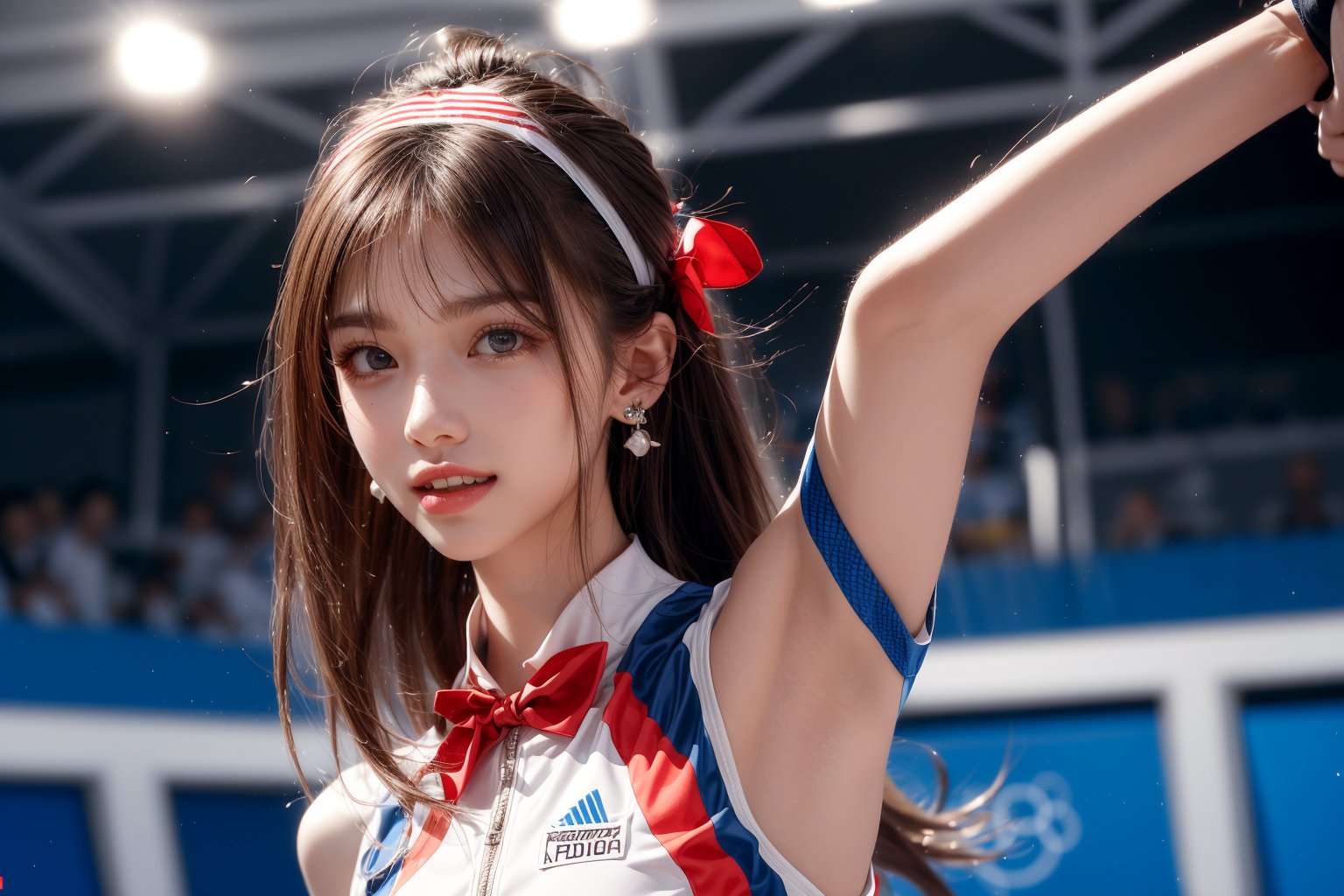 1girl, solo, long hair, smile, laugh, teeth, bangs, brown hair, reality, Paris Olympics Taekwondo Match: "Illustrate a beautiful woman wearing a taekwondo uniform in an indoor arena, engaged in a dynamic match with her opponent. Capture the intensity and focus in her eyes, the precise movements, and the strength in her kicks and punches. The background should feature the energetic atmosphere of the Olympic event, with spectators in the stands and banners representing the Paris Olympics.t, earrings, parted lips, blurry,  lips, blurry background, highly detailed,  earrings, dark eyes, lips, bow headband, lips, ribbon, realistic, parted lips,  ribbon, realistic, blurred background,