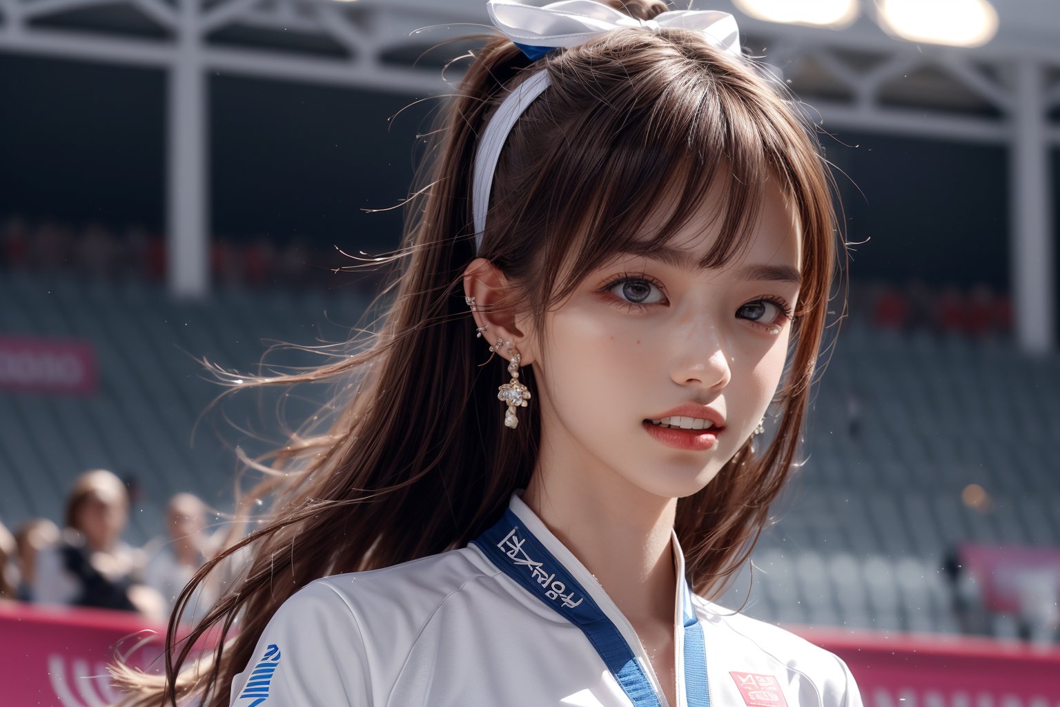 1girl, solo, long hair, smile, laugh, teeth, bangs, brown hair, reality, Paris Olympics Taekwondo Match: "Illustrate a beautiful woman wearing a taekwondo uniform in an indoor arena, engaged in a dynamic match with her opponent. Capture the intensity and focus in her eyes, the precise movements, and the strength in her kicks and punches. The background should feature the energetic atmosphere of the Olympic event, with spectators in the stands and banners representing the Paris Olympics.t, earrings, parted lips, blurry,  lips, blurry background, highly detailed,  earrings, dark eyes, lips, bow headband, lips, ribbon, realistic, parted lips,  ribbon, realistic, blurred background,