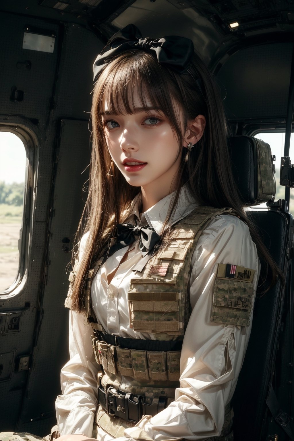 1girl, solo, long hair, looking at the viewer, smile, laugh, teeth, bangs, brown hair, realistic, (masterpiece, best quality, CGI, official art:1.2), as a helicopter pilot, sitting inside of a helicopter, (masterpiece, top quality, best quality, official art, beautiful and aesthetic:1.2), (1girl), extremely detailed, Movie Still, Film Still, Wearing tight military uniform, long sleeves camouflage military uniform, Bulletproof vest, seat belt, Cinematic, masterpiece, best quality, photorealistic, raw photo, earrings, black eyes, lips, bow headband, lips, ribbon, realistic, parted lips, lips, ribbon, realistic, blurry background,Military