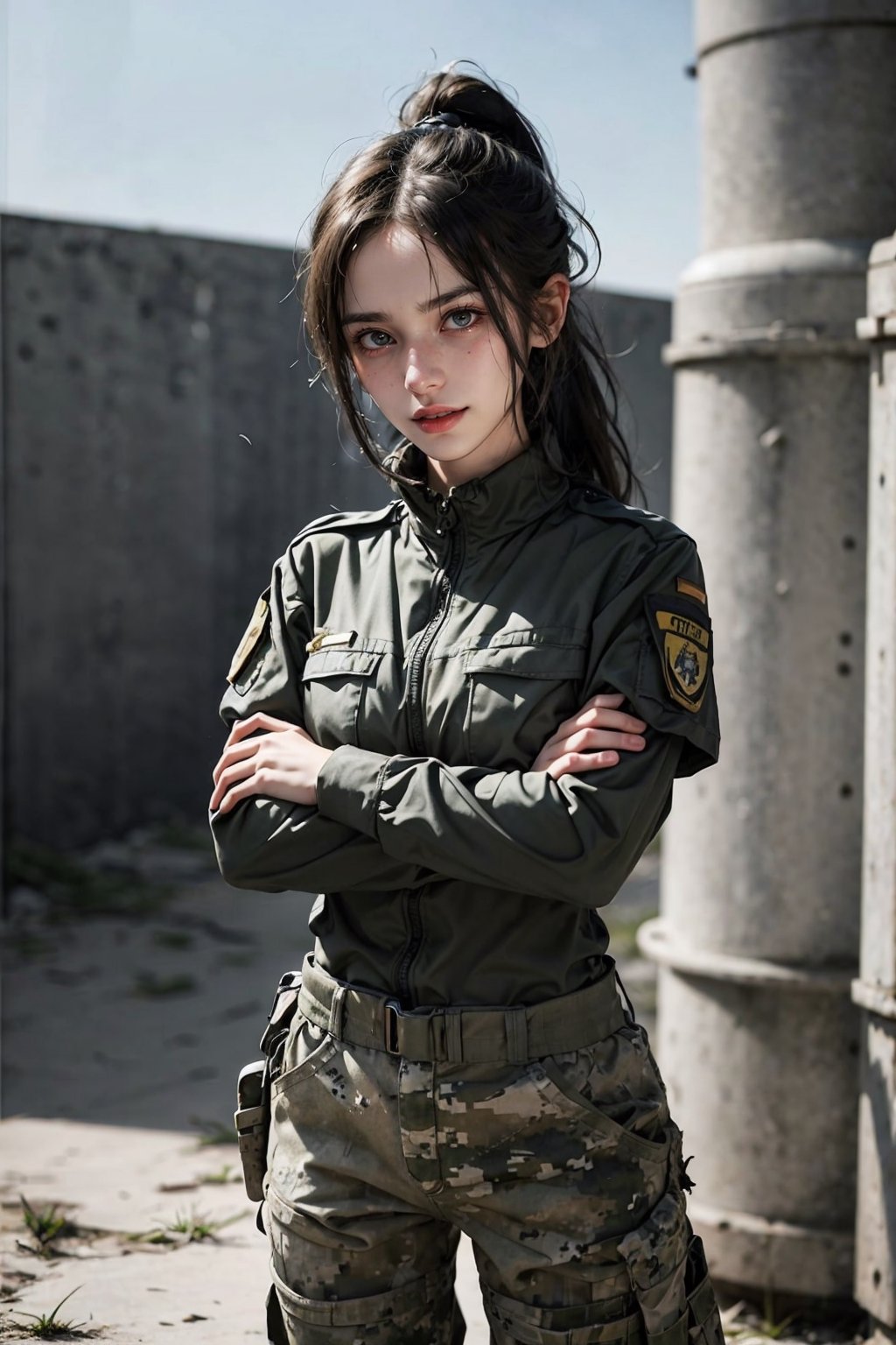 a 20 yo woman, upper body, smile, Tight-fitting military uniform, camouflage military uniform, emblem, crossed arms, long sleeves and long pants, medium breast, ponytail, open mouth,  realistic, short sleeves, boots, black gloves, pants,  blurry, military, blurry background,  Military uniform,,  direct lighting,  long hair,  soothing tones,  high contrast,  (natural skin texture,  hyperrealism,  soft light,  sharp), chromatic_background, simple background, Detailedface, Detailed eyes, Detailedface,MRRPSS, 