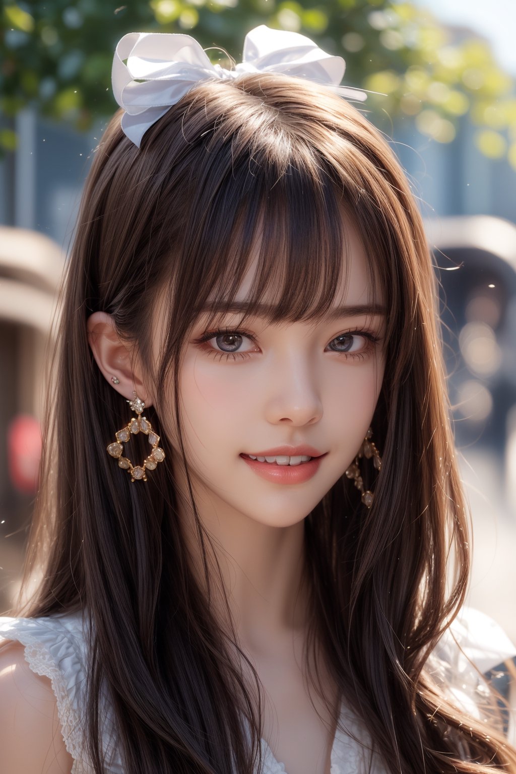 1girl, solo, long hair, looking at the viewer, smile, teeth, bangs, brown hair, realistic,  earrings, black eyes, lips, bow headband, lips, ribbon, realistic, parted lips, lips, ribbon, realistic, blurry background,