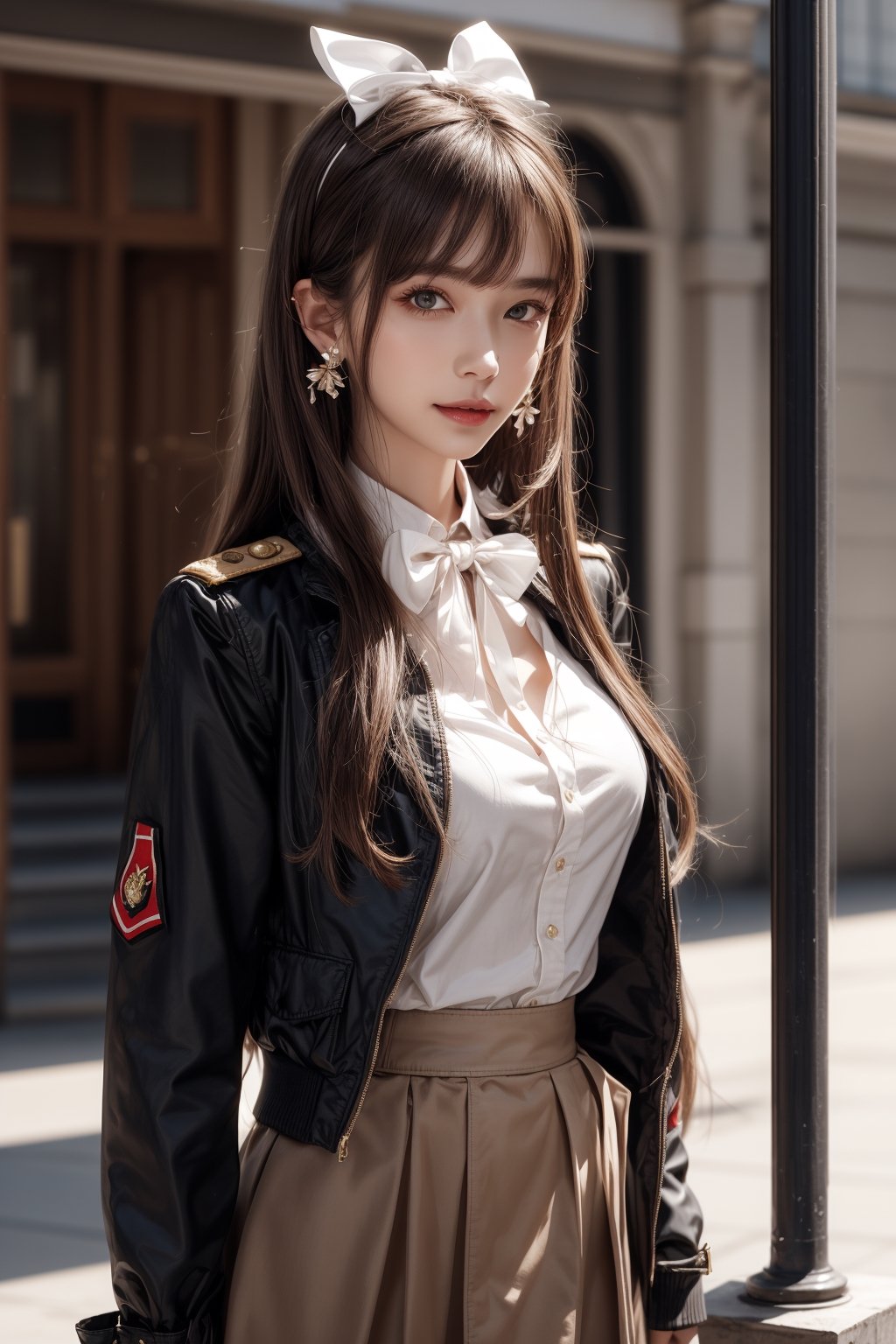 1girl, solo, long hair, looking at the viewer, smile, bangs, brown hair,  realistic, skirt, jacket, military uniform, pencil skirt, clothes lift, skirt lift, dress lift, realistic, medium breasts, earrings, black eyes, lips, bow headband, blurry, lips, blurry background, ribbon, realistic, parted lips, lips, bow, ribbon, realistic,