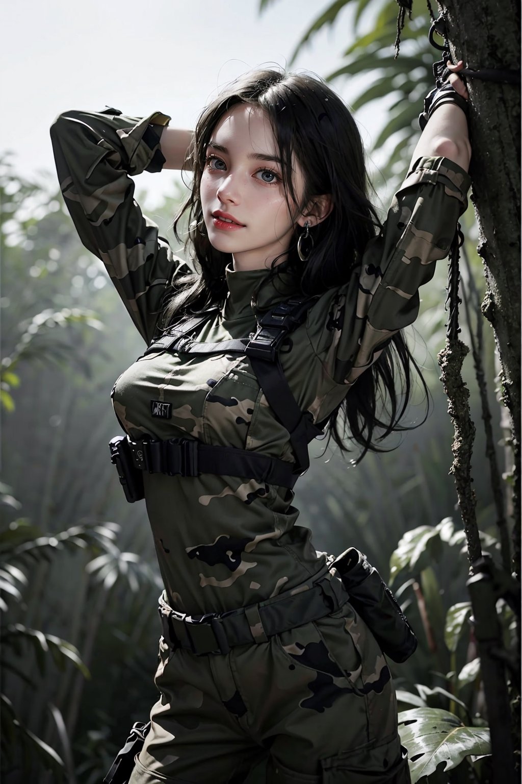 a 20 yo woman, smile, laugh, long hair,  medium breast, sexy, realistic, medium breast, in the forest, in the jungle, military helicopter (UH-60 Black Hawk), arms up, no guns, upper body, slim body, soldier girl, wearing camouflage military uniform, long sleeves, long pants, highly detailed, lips, earrings, direct lighting, long hair, soothing tones, high contrast, (natural skin texture, hyperrealism, soft light, sharp), chromatic_background, simple background, Detailedface, Detailed eyes, Detailedface,ftsbk,Military