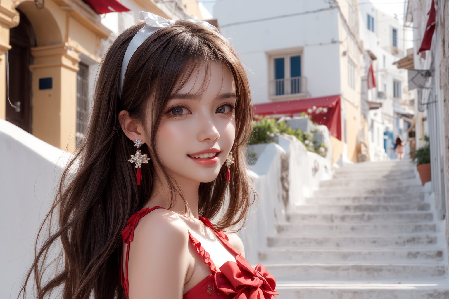 1girl, solo, long hair, smile, laugh, teeth, bangs, brown hair, reality, in a long red dress descends the stairs in Santorini, bright sunny smile. beautiful old buildings and sea in the background, trending on art station, brown eyes,  medium breasts,  cowboy shot, earrings, parted lips, blurry,  lips, blurry background, highly detailed,  earrings, dark eyes, lips, bow headband, lips, ribbon, realistic, parted lips,  ribbon, realistic, blurred background,