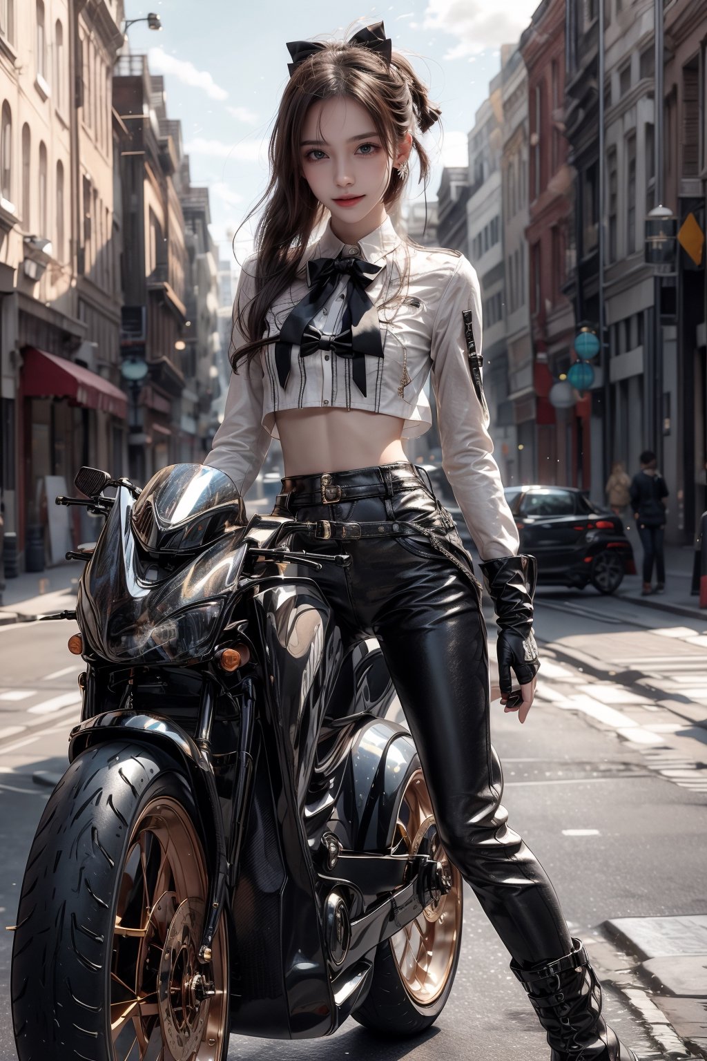 1girl, solo, long hair, looking at viewer, smile, laugh, bangs, brown hair, realistic,  medium breast, rides a huge (speed motorcycle) in the urban area, gloves, shirt, hair ornament, long sleeves, bow, ribbon, navel, jewelry, white shirt, ponytail, earrings, outdoors, parted lips, day, midriff, collared shirt, pants, lips, crop top, full body, boots, outdoors, black gloves, pants, black footwear, blurry,  blurry background, black pants, ground vehicle, motor vehicle, road, leather, motorcycle, leather pants, on motorcycle, earrings, black eyes, lips, bow headband, lips, ribbon, realistic, parted lips, lips, ribbon, realistic, blurry background,sprbk