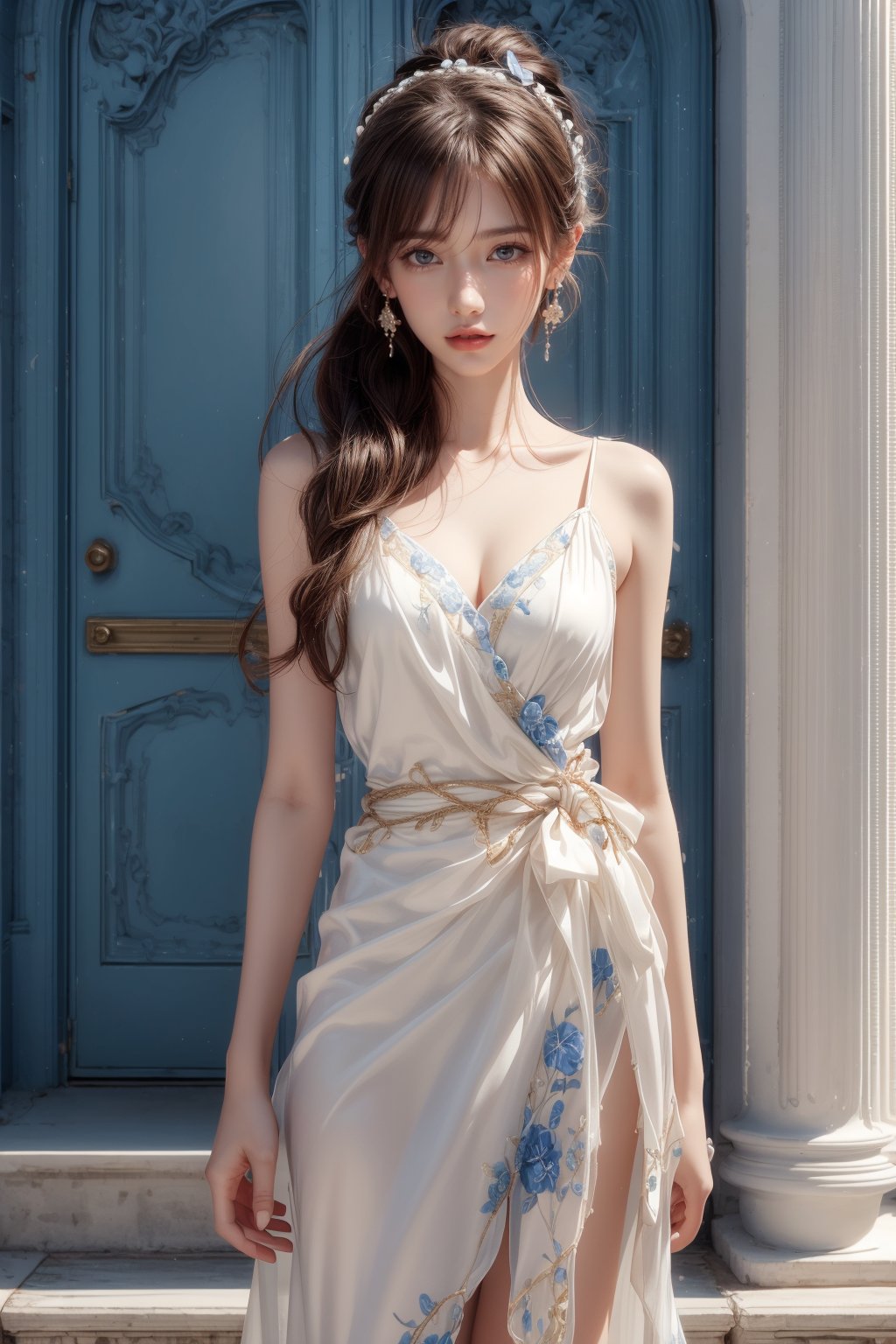 1girl, solo, long hair, looking at the viewer, smile, bangs, brown hair, ponytail, realistic, shoulders-long messy elegant hair. (masterpiece, best quality, CGI, official art:1.2), wearing a flowing white Grecian dress with intricate blue patterns on the neckline and hem, cinched at the waist with a delicate rope belt, standing gracefully in front of a bright blue door, earrings glinting in the sunlight, soft shadows cast by the surrounding architecture, sandals with blue straps wrapping around her ankles, light and shadows playing on the white and blue background, realistic, masterpiece, best quality, photorealistic, raw photo,  earrings, black eyes, lips, bow headband, lips, ribbon, realistic, parted lips, lips, ribbon, realistic, blurry background,