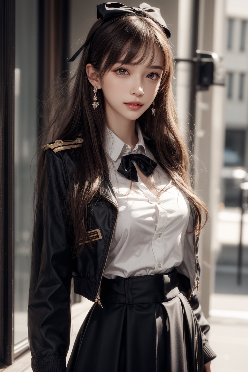 1girl, solo, long hair, looking at the viewer, smile, bangs, brown hair,  realistic, skirt, jacket, military uniform, pencil skirt, clothes lift, skirt lift, dress lift, realistic, medium breasts, earrings, black eyes, lips, bow headband, blurry, lips, blurry background, ribbon, realistic, parted lips, lips, bow, ribbon, realistic,