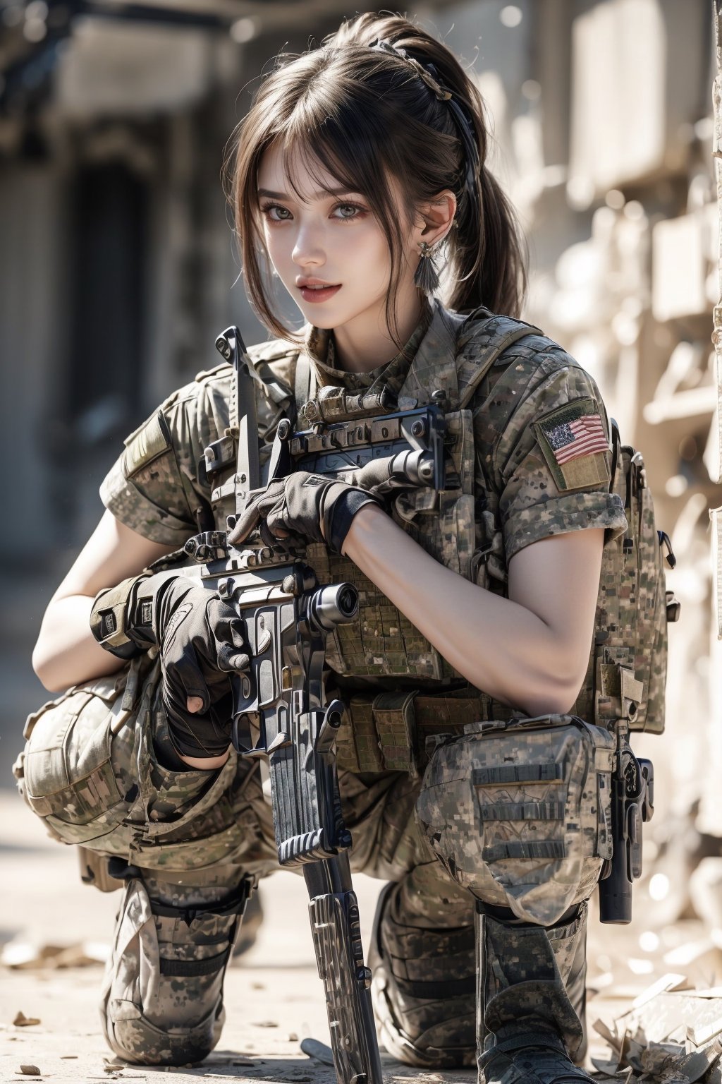 1girl, solo, long hair, looking at the viewer, smile, laugh,  bangs, brown hair, realistic, ponytail, open mouth, gloves, holding, weapon,  realistic, short sleeves, boots, black gloves, pants, fingerless gloves, black footwear, holding weapon, blurry, gun, military, black shirt, blurry background, black pants, holding gun, rifle, assault rifle, knee pads, one knee, combat boots, M4A1, Military,  elegance, masterpiece, earrings, realistic,  masterpiece, best quality, photorealistic, raw photo,  earrings, black eyes, lips, bow headband, lips, ribbon, realistic, parted lips, lips, ribbon, realistic, blurry background, Military,Taskforce, Assault rifle, m4a1 