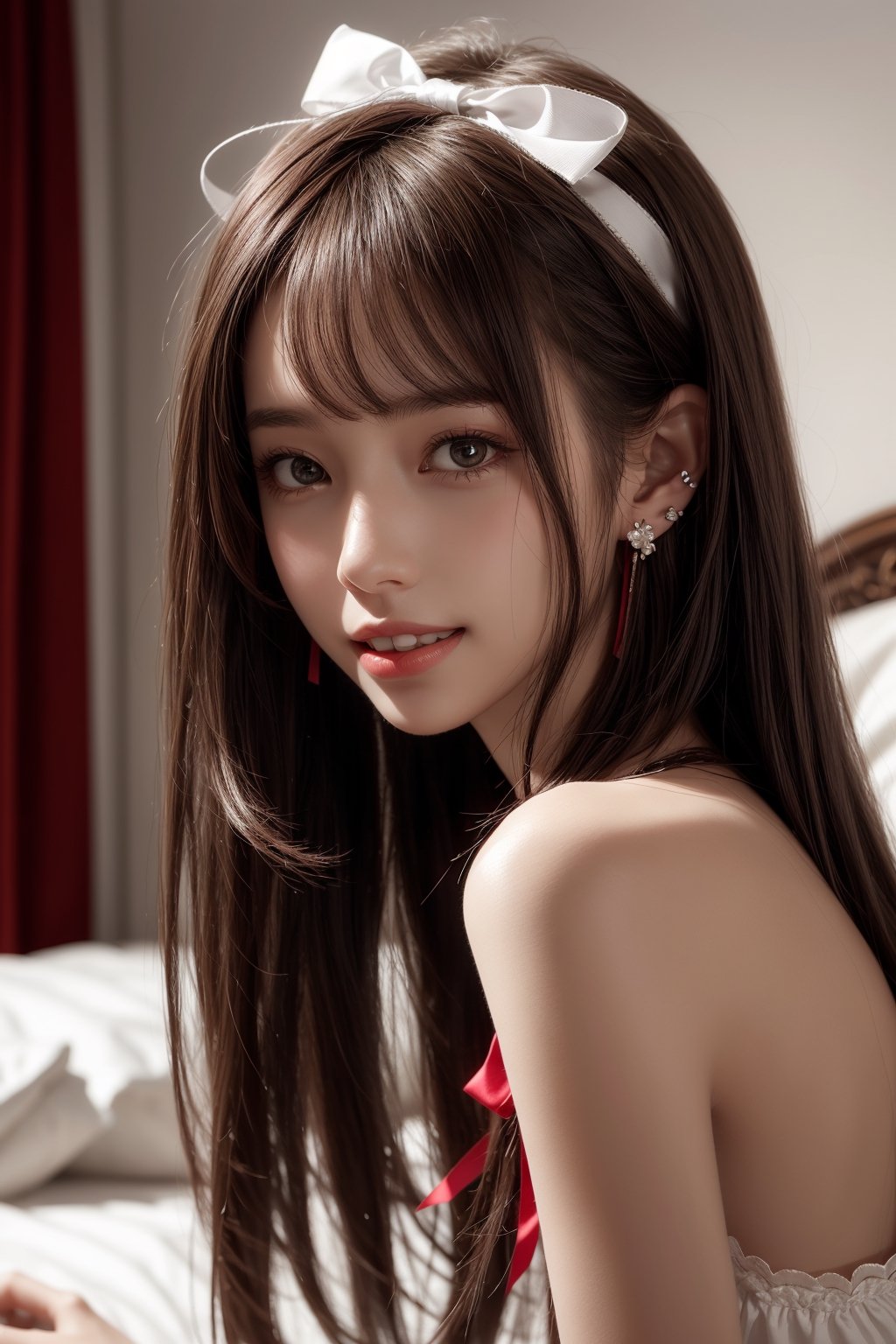 1girl, solo, long hair, looking at the viewer, smile, teeth, bangs, brown hair, realistic, sexy pajamas, lying on the bed, in the bedroom, earrings, black eyes, lips, bow headband, lips, ribbon, realistic, parted lips, lips, ribbon, realistic, blurry background,