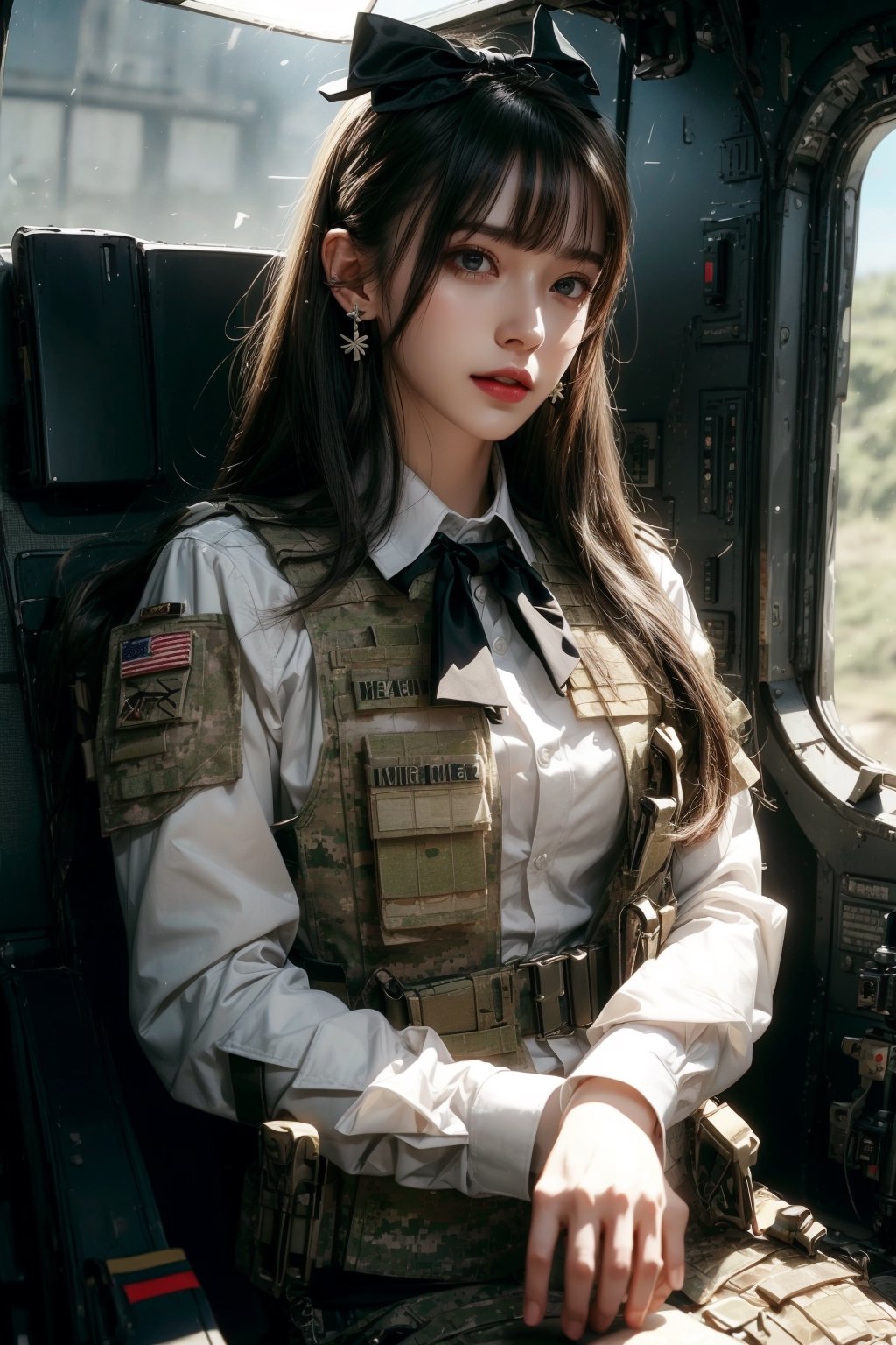 1girl, solo, long hair, looking at the viewer, smile, laugh, bangs, brown hair, realistic, (masterpiece, best quality, CGI, official art:1.2), as a helicopter pilot, sitting inside of a helicopter, (masterpiece, top quality, best quality, official art, beautiful and aesthetic:1.2), (1girl), extremely detailed, Movie Still, Film Still, Wearing a tight military uniform, long sleeves camouflage military uniform, Bulletproof vest, seat belt, Cinematic, masterpiece, best quality, photorealistic, raw photo, earrings, black eyes, lips, bow headband, lips, ribbon, realistic, parted lips, lips, ribbon, realistic, blurry background, Military
