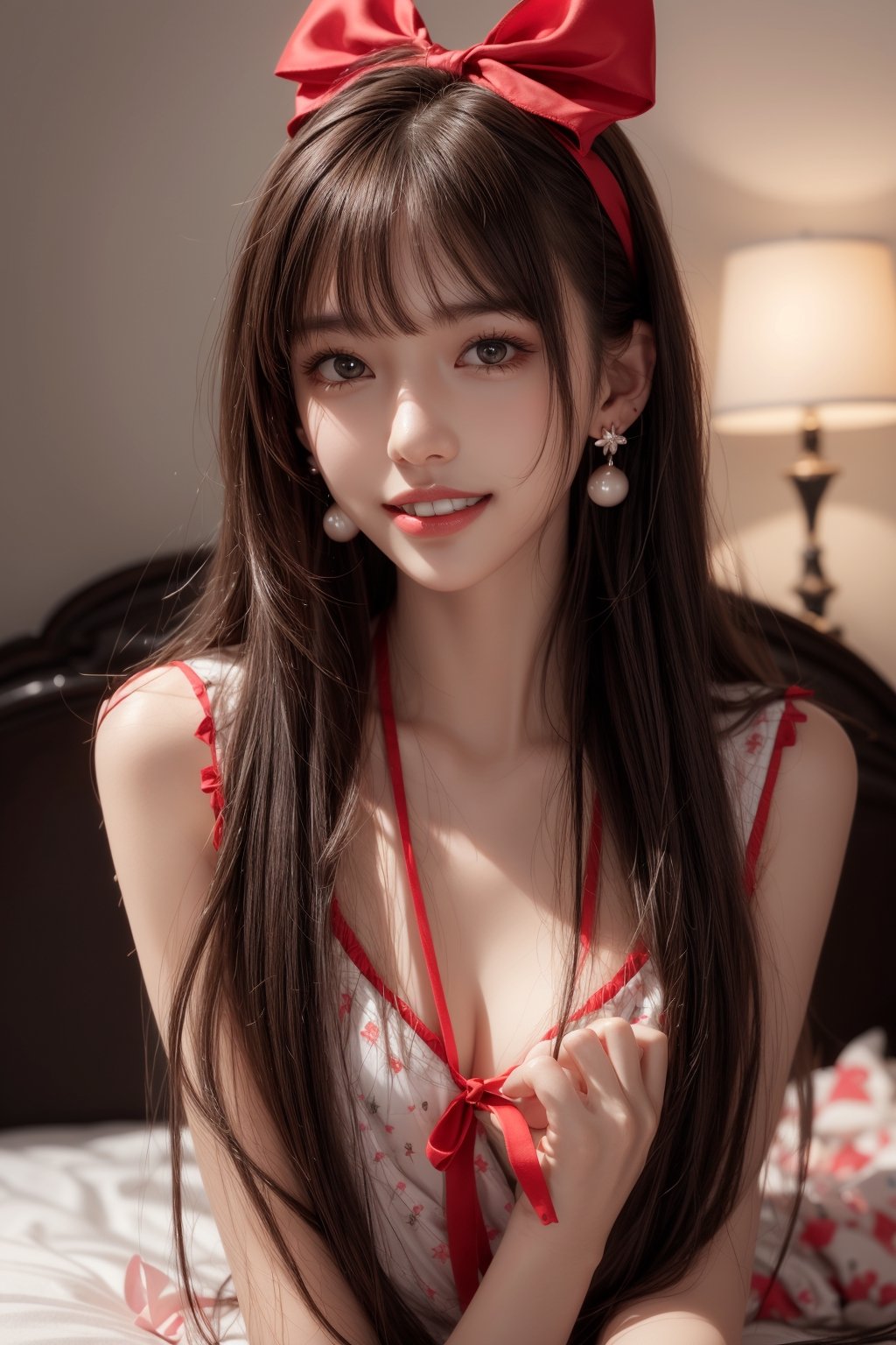 1girl, solo, long hair, looking at the viewer, smile, teeth, bangs, brown hair, realistic, sexy pajamas, lying on the bed, in the bedroom, earrings, black eyes, lips, bow headband, lips, ribbon, realistic, parted lips, lips, ribbon, realistic, blurry background,