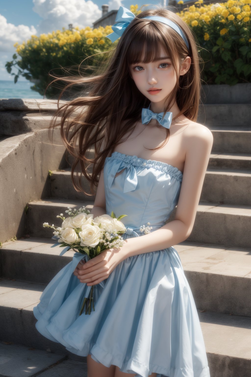 1girl, 16 yo, solo, long hair, looking at the viewer,  bright sunny smile, bangs, brown hair, strapless, blue dress, upper body, outdoors, holding flowers in hand, bow, ribbon, hair ribbon,  hairband,  parted lips,  bowtie, lips,  bow,  ribbon, realistic, sky, day, cloud, blue footwear, stairs, ocean, realistic hands