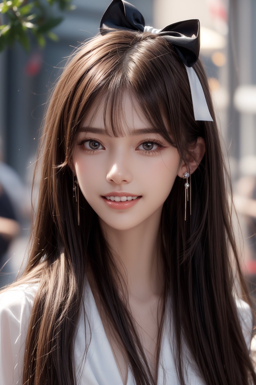 1girl, solo, long hair, looking at the viewer, smile, teeth, bangs, brown hair, realistic,  earrings, black eyes, lips, bow headband, lips, ribbon, realistic, parted lips, lips, ribbon, realistic, blurry background,