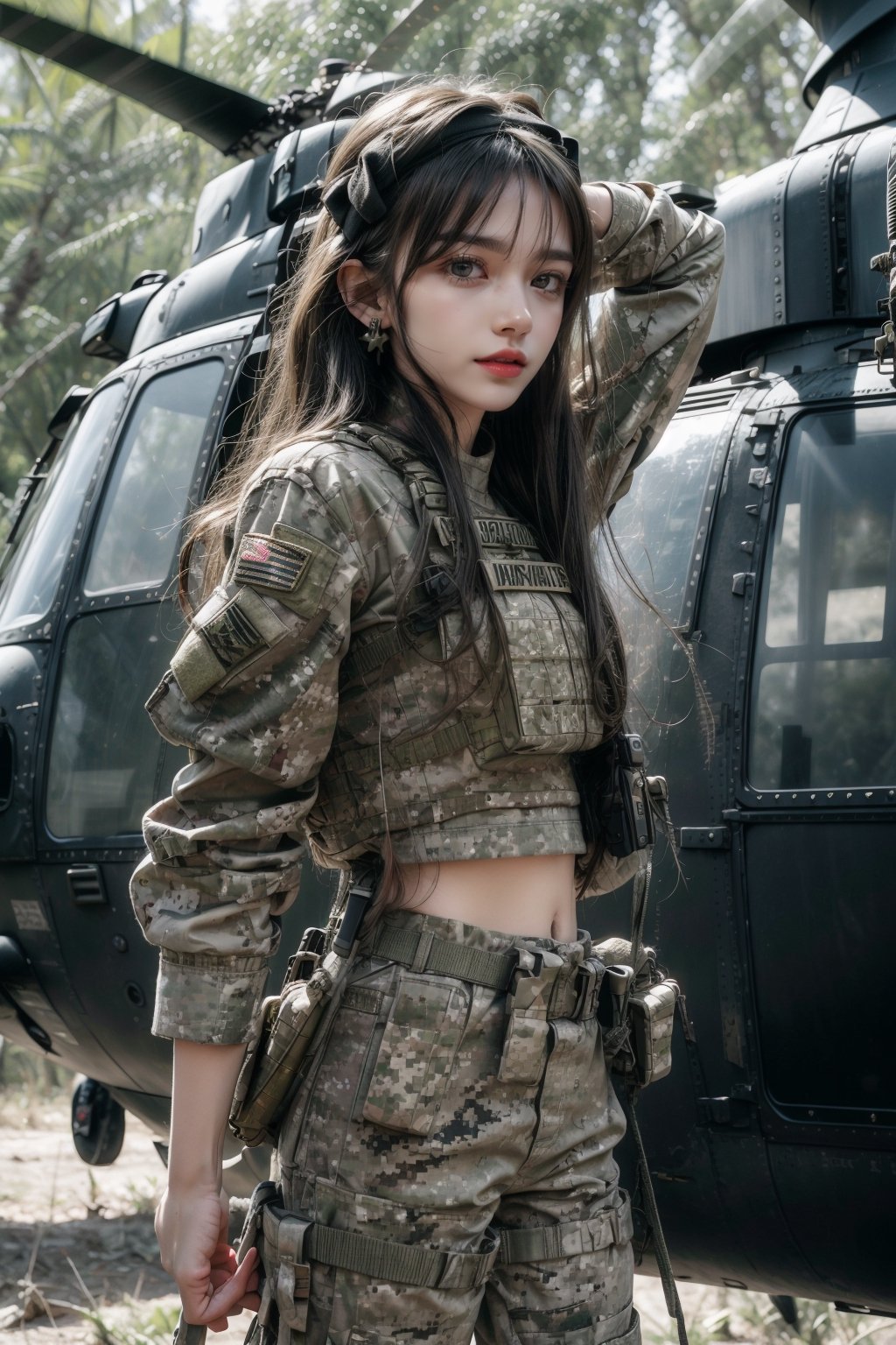 1girl, solo, long hair, smile, laugh, bangs, brown hair, reality, in the forest, in the jungle, military helicopter (UH-60 Black Hawk), arms up, upper body, slim body, soldier girl, wearing camouflage military uniform, long sleeves, long pants, highly detailed, lips, earrings, dark eyes, lips, bow headband, lips, ribbon, realistic, parted lips, lips, ribbon, realistic, blurred background, military, Military, UH-60 Black Hawk