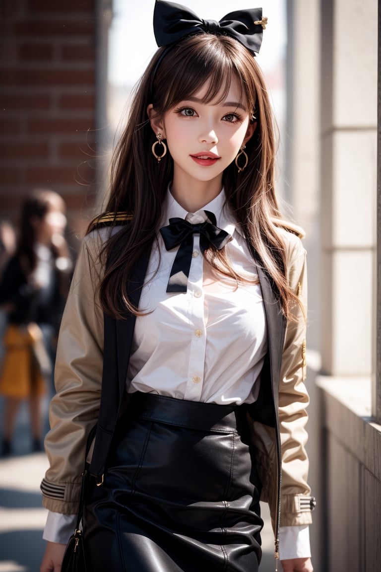 1girl, solo, long hair, looking at the viewer, smile, bangs, brown hair,  realistic, skirt, jacket, military uniform, pencil skirt, realistic, medium breasts, earrings, black eyes, lips, bow headband, blurry, lips, blurry background, ribbon, realistic, parted lips, lips, blurry background, bow, ribbon, realistic,