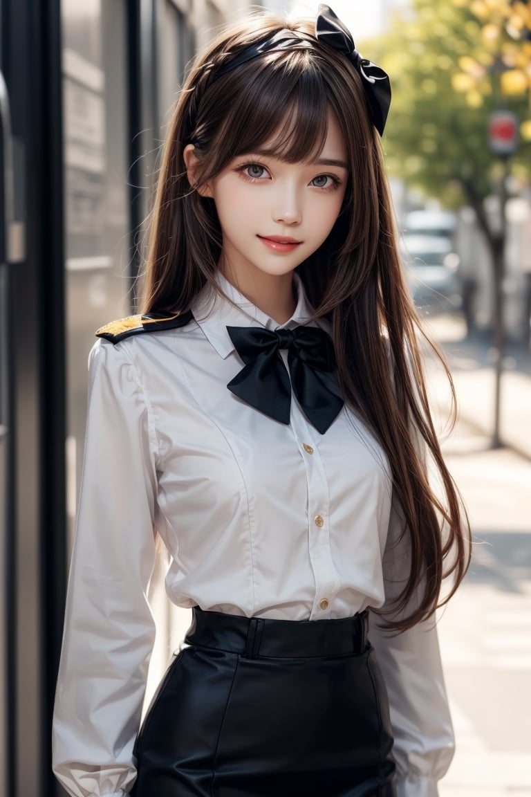 1girl, solo, long hair, looking at the viewer, smiling, bangs, brown hair,  military uniform, pencil skirt, outdoors,, bow, ribbon, hair ribbon,  hairband,  parted lips,  bowtie, lips,  bow,  ribbon, realistic,