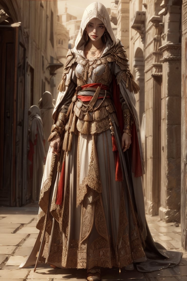 1girl, solo, long hair, looking at viewer, smile, laugh, bangs, brown hair, realistic,  medium breast, cowboy shot,  mature body, fantastical and ethereal scenery, daytime, jewelry, standing, earrings, outdoors, day, hood, necklace, cape, armor, blurry, lips, sash, hand on own chest, shoulder armor, realistic, vambraces, jewelry, full body, boots, hood, necklace, sash, vambraces, White heavy robe, white pants, cloak, dress as Assassin Creed style, cowboy shot,  mature body, fantastical and ethereal scenery, daytime,  earrings, outdoors, parted lips, day, lips, full body, outdoors,  blurry,  blurry background, earrings, black eyes, lips, bow headband, lips, ribbon, realistic, parted lips, lips, ribbon, realistic, blurry background,AS