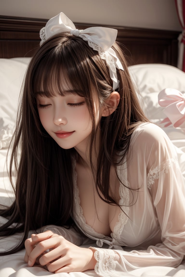 1girl, solo, long hair, smiling, bangs, brown hair, Wearing sexy transparent lace pajamas, eyes closed, sleeping, in the bedroom, lying on the bed, covered with quilt, bow, ribbon, hair ribbon,  hairband,  parted lips, lips,  bow,  realistic,