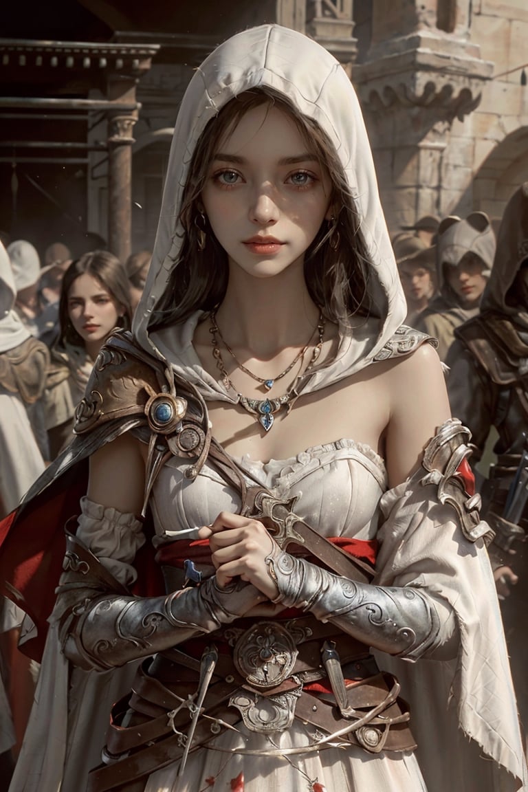 a 20 yo woman, shoulders-long messy elegant hair, smile,  medium breast,  cowboy shot,  mature body, fantastical and ethereal scenery, daytime, jewelry, full body, boots, hood, necklace, sash, vambraces, White clothes,cloak,dress as Assassin Creed style,bracerhighly-detailed, lips, earrings, direct lighting,  long hair,  soothing tones,  high contrast,  (natural skin texture,  hyperrealism,  soft light,  sharp), chromatic_background, simple background, Detailedface, Detailed eyes, Detailedface,MRRPSS, ,AS