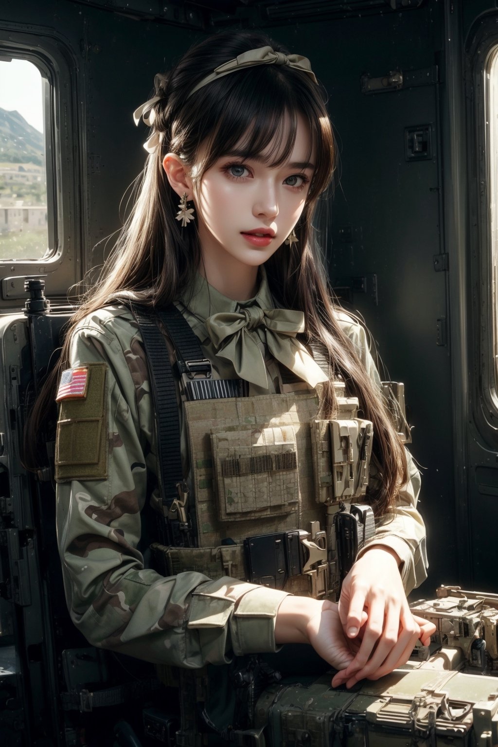 1girl, solo, long hair, looking at the viewer, smile, laugh, bangs, brown hair, realistic, (masterpiece, best quality, CGI, official art:1.2), as a helicopter pilot, sitting inside of a helicopter, (masterpiece, top quality, best quality, official art, beautiful and aesthetic:1.2), (1girl), extremely detailed, Movie Still, Film Still, Wearing a tight military uniform, long sleeves camouflage military uniform, Bulletproof vest, seat belt, Cinematic, masterpiece, best quality, photorealistic, raw photo, earrings, black eyes, lips, bow headband, lips, ribbon, realistic, parted lips, lips, ribbon, realistic, blurry background, Military