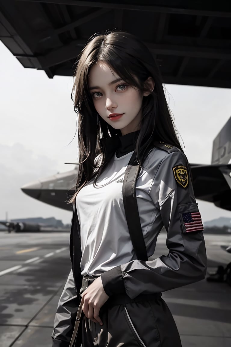 a 20 yo woman, upper body, smile, Tight-fitting military uniform, camouflage military uniform, long sleeves and long pants, medium breast, on the aircraft carrier's deck,  fight jet(F-22),  direct lighting,  long hair,  soothing tones,  high contrast,  (natural skin texture,  hyperrealism,  soft light,  sharp), chromatic_background, simple background, Detailedface, Detailed eyes, Detailedface,MRRPSS, blurry_background,F-22