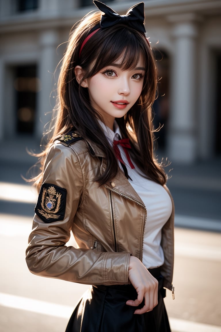 1girl, solo, long hair, looking at the viewer, smile, bangs, brown hair,  realistic, skirt, jacket, military uniform, pencil skirt, realistic, medium breasts, black eyes, lips, bow headband, blurry, lips, blurry background, ribbon, realistic, parted lips, lips, blurry background, bow, ribbon, realistic,