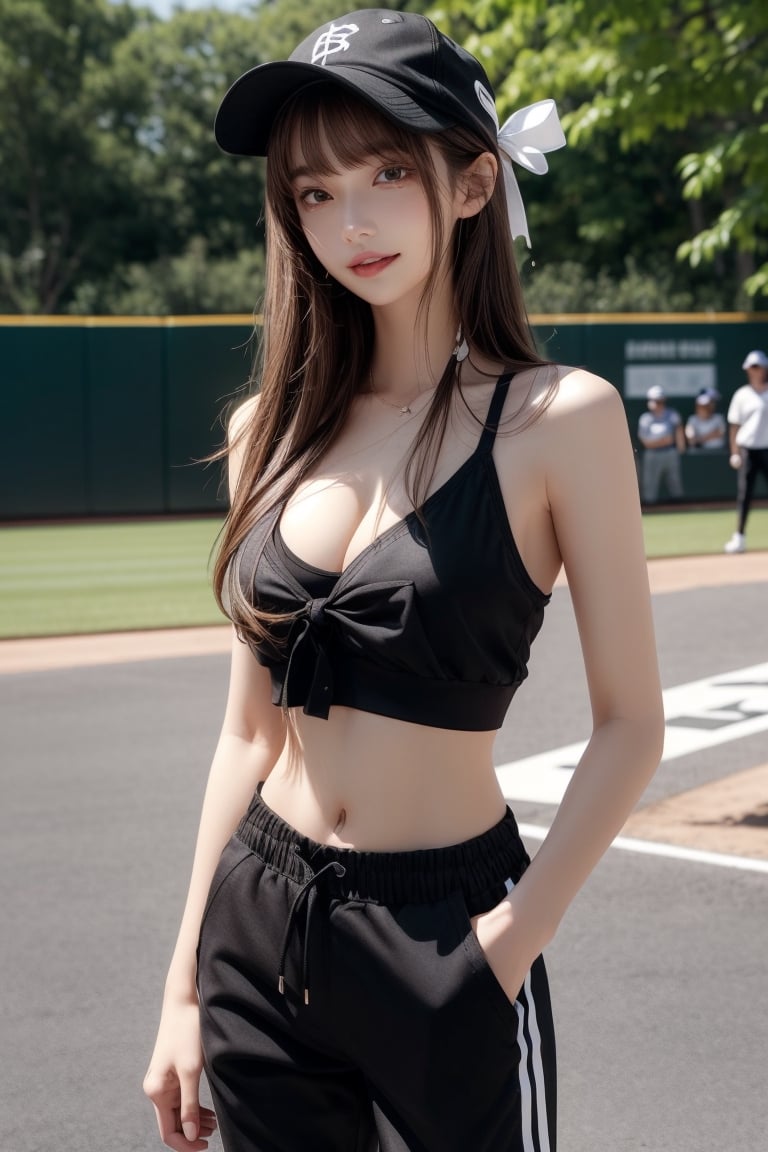 1girl, solo, long hair, looking at the viewer, smiling, bangs, brown hair, cleavage, bare shoulders, outdoors, bare arms, black headwear, black pants,  white footwear, sneakers, baseball cap, sports bra, hands in pockets, ribbon, hair ribbon,  hairband,  parted lips,  lips,  bow,  ribbon, realistic,