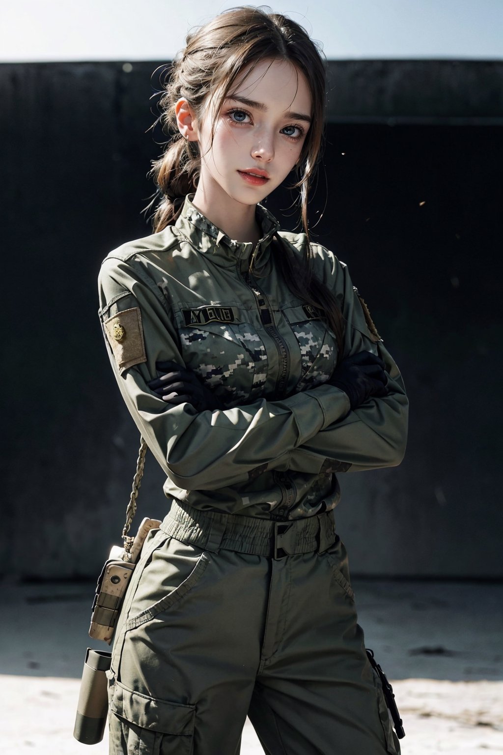 a 20 yo woman, upper body, smile, Tight-fitting military uniform, camouflage military uniform, emblem, crossed arms, long sleeves and long pants, medium breast, ponytail, open mouth,  realistic, short sleeves, boots, black gloves, pants,  blurry, military, blurry background,  Military uniform,,  direct lighting,  long hair,  soothing tones,  high contrast,  (natural skin texture,  hyperrealism,  soft light,  sharp), chromatic_background, simple background, Detailedface, Detailed eyes, Detailedface,MRRPSS, 