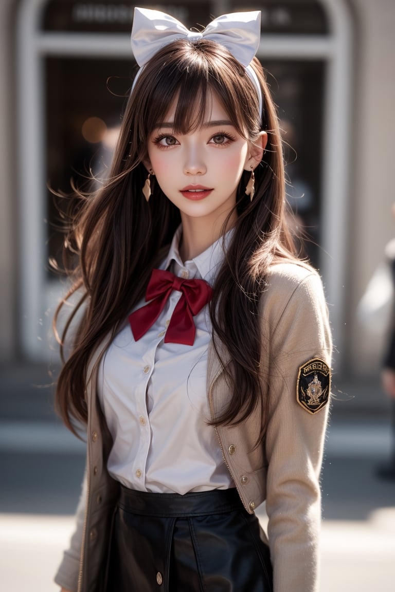 1girl, solo, long hair, looking at the viewer, smile, bangs, brown hair,  realistic, skirt, jacket, military uniform, pencil skirt, realistic, medium breasts, earrings, black eyes, lips, bow headband, blurry, lips, blurry background, ribbon, realistic, parted lips, lips, blurry background, bow, ribbon, realistic,