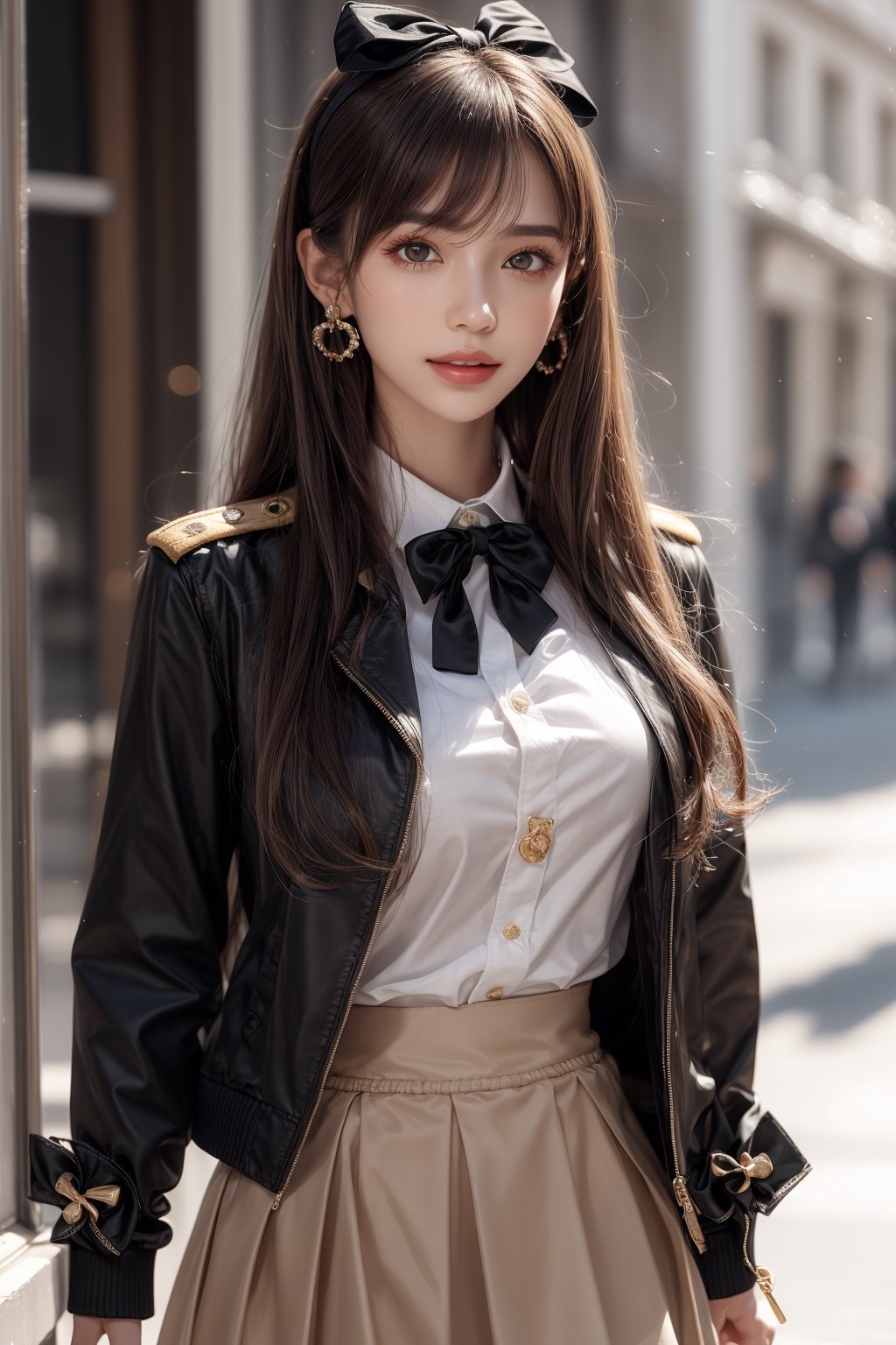 1girl, solo, long hair, looking at the viewer, smile, bangs, brown hair,  realistic, skirt, jacket, military uniform, pencil skirt, realistic, medium breasts, earrings, black eyes, lips, bow headband, blurry, lips, blurry background, ribbon, realistic, parted lips, lips, blurry background, bow, ribbon, realistic,