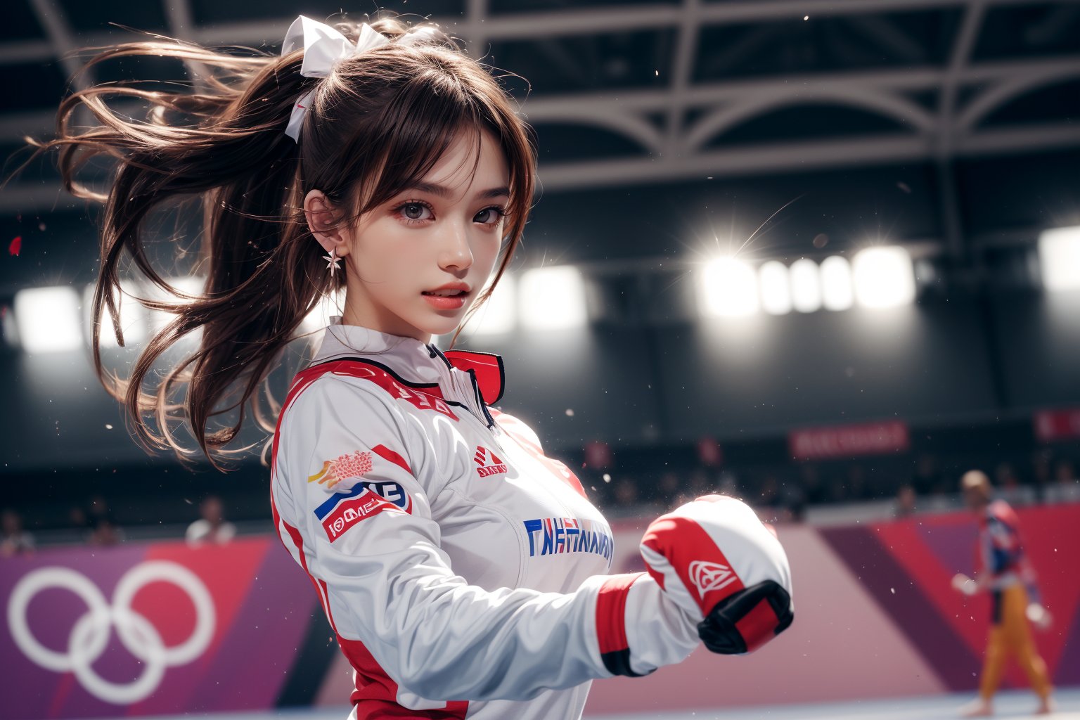 1girl, solo, long hair, smile, laugh, teeth, bangs, brown hair, reality, Paris Olympics Taekwondo Match: "Illustrate a beautiful woman wearing a taekwondo uniform in an indoor arena, engaged in a dynamic match with her opponent. Capture the intensity and focus in her eyes, the precise movements, and the strength in her kicks and punches. The background should feature the energetic atmosphere of the Olympic event, with spectators in the stands and banners representing the Paris Olympics.t, earrings, parted lips, blurry,  lips, blurry background, highly detailed,  earrings, dark eyes, lips, bow headband, lips, ribbon, realistic, parted lips,  ribbon, realistic, blurred background,