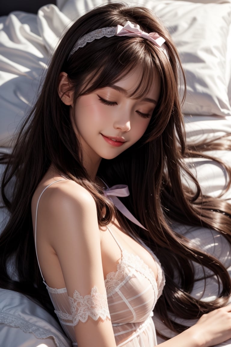 1girl, solo, long hair, smiling, bangs, brown hair, Wearing sexy transparent lace pajamas, eyes closed, sleeping, in the bedroom, lying on the bed, from the side, bow, ribbon, hair ribbon,  hairband,  parted lips, lips,  bow,  realistic,