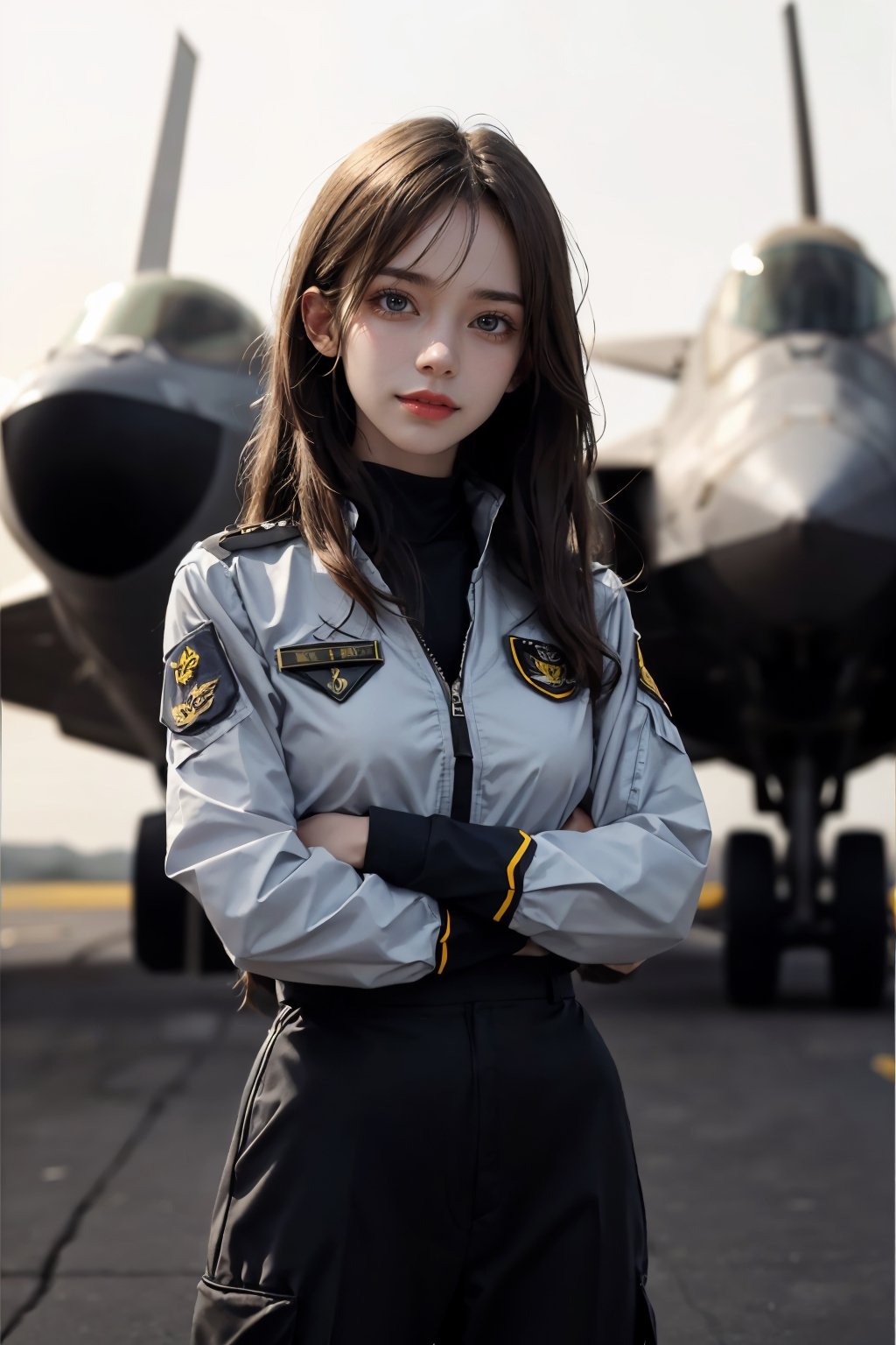 a 20 yo woman, upper body, smile, Tight-fitting military uniform, camouflage military uniform, emblem, crossed arms, long sleeves and long pants, medium breast, at the air force base tarmac,  day, standing in front of a fight jet(F-22 Raptor plane),,  direct lighting,  long hair,  soothing tones,  high contrast,  (natural skin texture,  hyperrealism,  soft light,  sharp), chromatic_background, simple background, Detailedface, Detailed eyes, Detailedface,MRRPSS, ,F-22, colorful picture, 