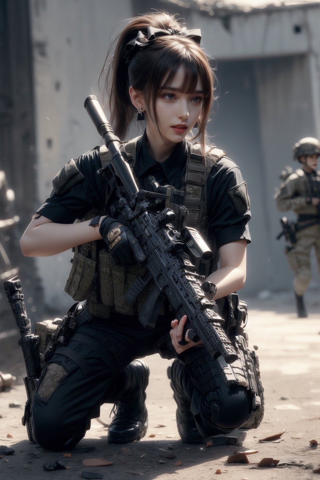 1girl, solo, long hair, looking at the viewer, smile, laugh,  bangs, brown hair, realistic, ponytail, open mouth, gloves, holding, weapon,  realistic, short sleeves, boots, black gloves, pants, fingerless gloves, black footwear, holding weapon, blurry, gun, military, black shirt, blurry background, black pants, holding gun, rifle, assault rifle, knee pads, one knee, combat boots, M4A1, Military,  elegance, masterpiece, earrings, realistic,  masterpiece, best quality, photorealistic, raw photo,  earrings, black eyes, lips, bow headband, lips, ribbon, realistic, parted lips, lips, ribbon, realistic, blurry background,Military,Taskforce,Assault rifle ,dual wielding twin buster rifle