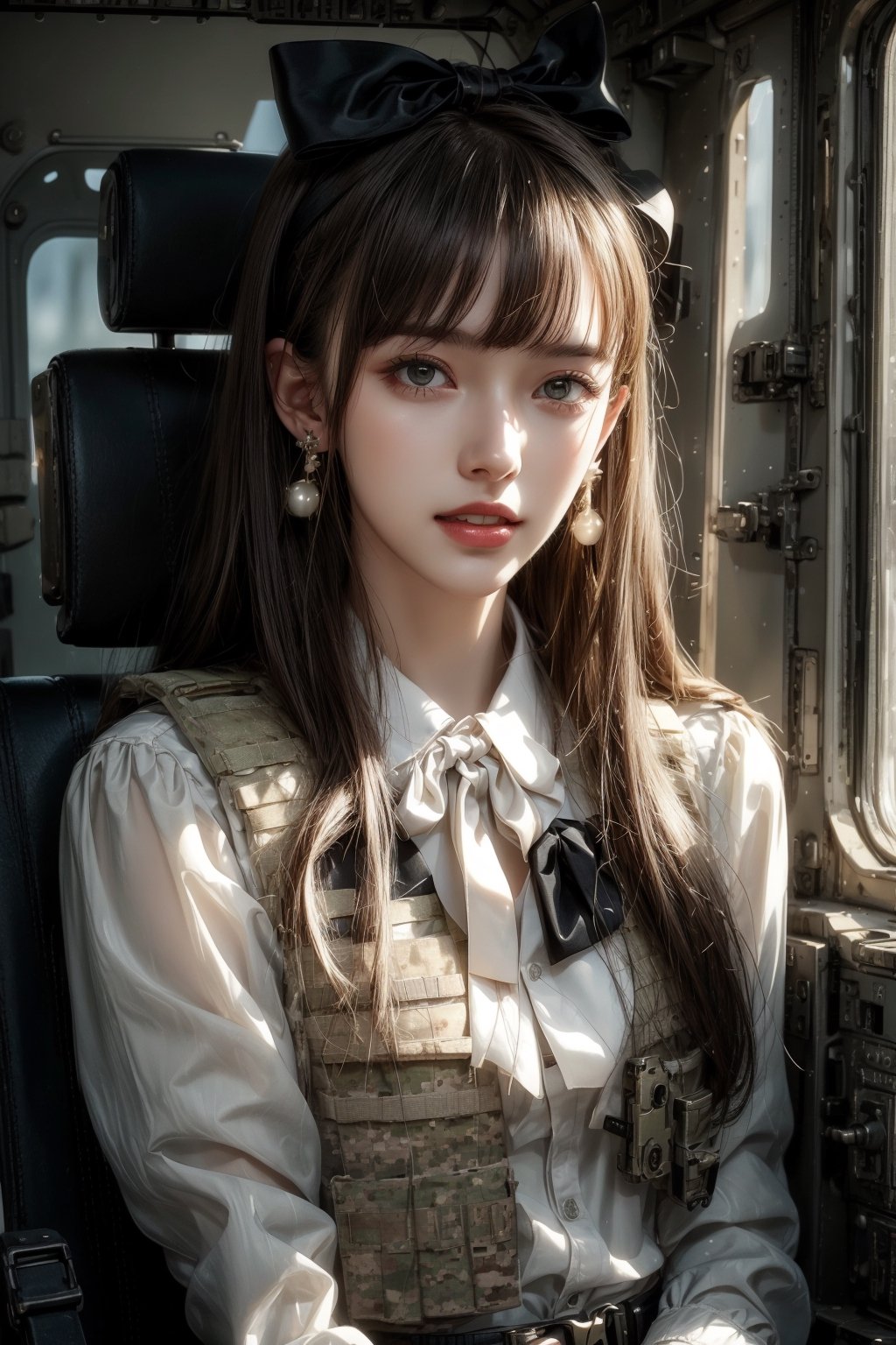 1girl, solo, long hair, looking at the viewer, smile, laugh, teeth, bangs, brown hair, realistic, (masterpiece, best quality, CGI, official art:1.2), as a helicopter pilot, sitting inside of a helicopter, (masterpiece, top quality, best quality, official art, beautiful and aesthetic:1.2), (1girl), extremely detailed, Movie Still, Film Still, Wearing tight military uniform, long sleeves camouflage military uniform, Bulletproof vest, seat belt, Cinematic, masterpiece, best quality, photorealistic, raw photo, earrings, black eyes, lips, bow headband, lips, ribbon, realistic, parted lips, lips, ribbon, realistic, blurry background,Military