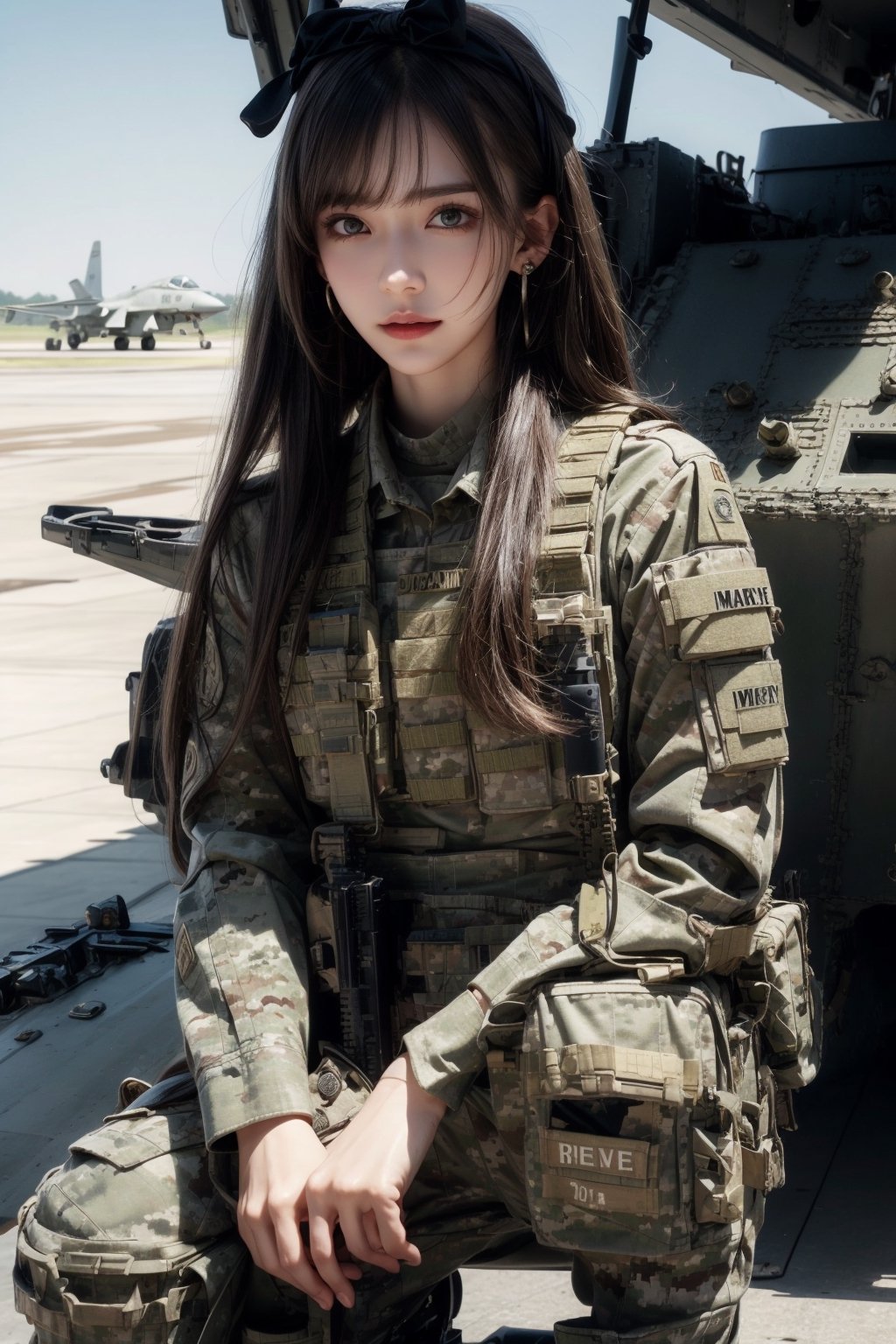 1girl, solo, long hair, smile, bangs, brown hair, realistic,  in a military airport, military vehicle, airplane, vehicle focus, jet, fighter jet, slender body, soldier girl, wearing  camouflage military uniform, Long sleeves, long pants, highly-detailed, lips, one knee, earrings, black eyes, lips, bow headband, lips, ribbon, realistic, parted lips, lips, ribbon, realistic, blurry background, tank,Military